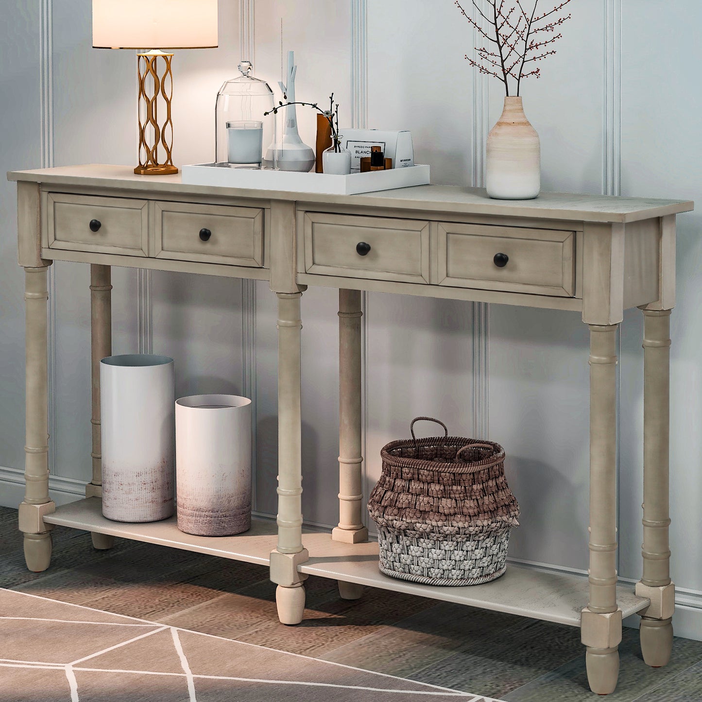 Console Table Sofa Table Easy Assembly with Two Storage Drawers and Bottom Shelf for Living Room, Entryway (Grey Wash)
