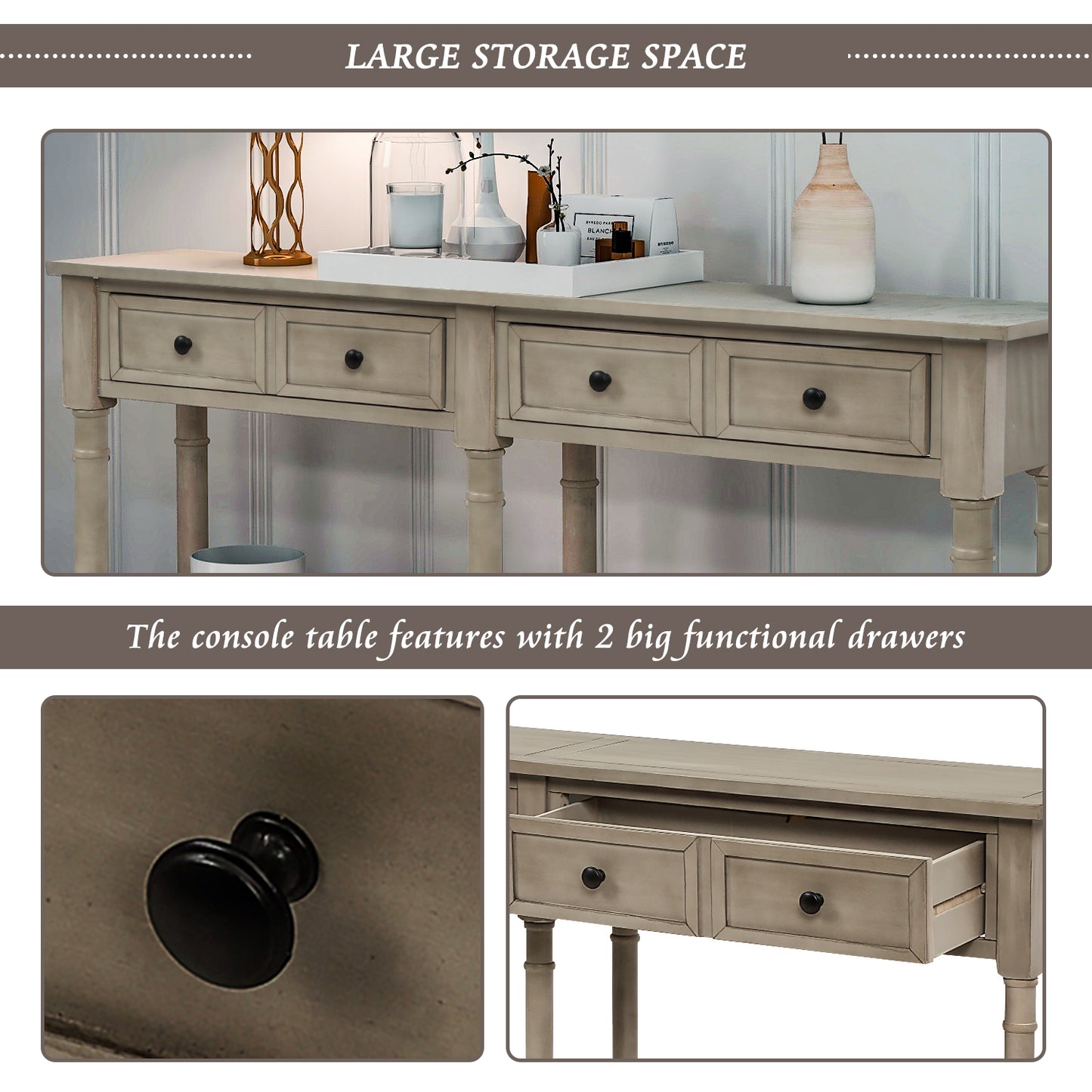 Console Table Sofa Table Easy Assembly with Two Storage Drawers and Bottom Shelf for Living Room, Entryway (Grey Wash)
