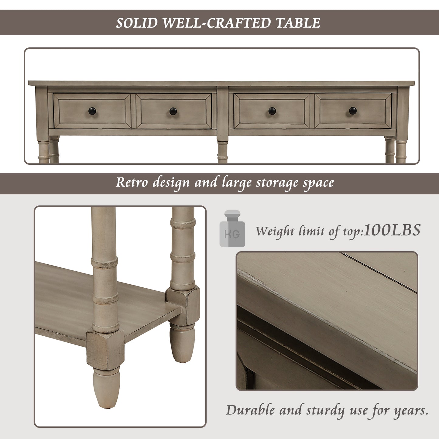 Console Table Sofa Table Easy Assembly with Two Storage Drawers and Bottom Shelf for Living Room, Entryway (Grey Wash)
