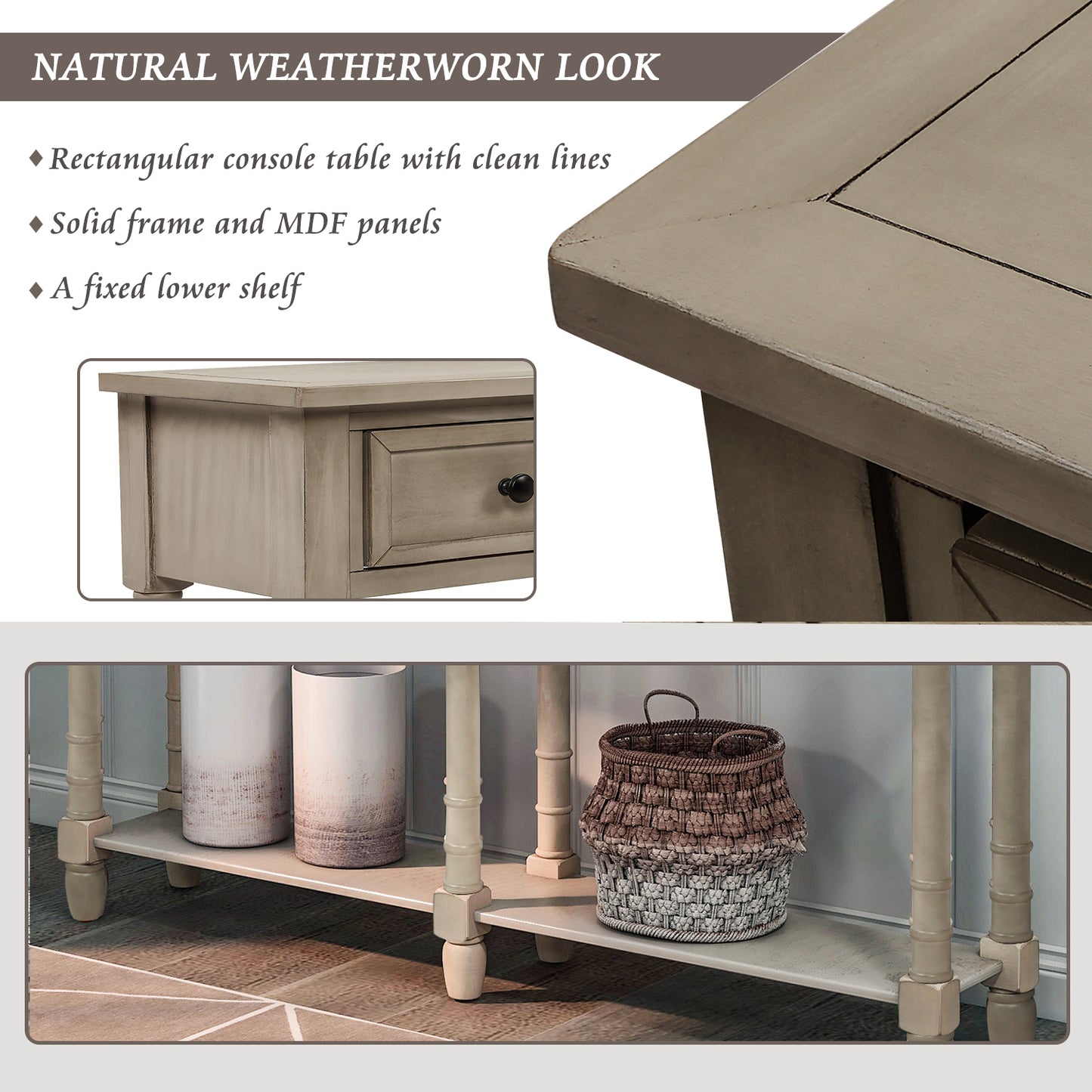 Console Table Sofa Table Easy Assembly with Two Storage Drawers and Bottom Shelf for Living Room, Entryway (Grey Wash)