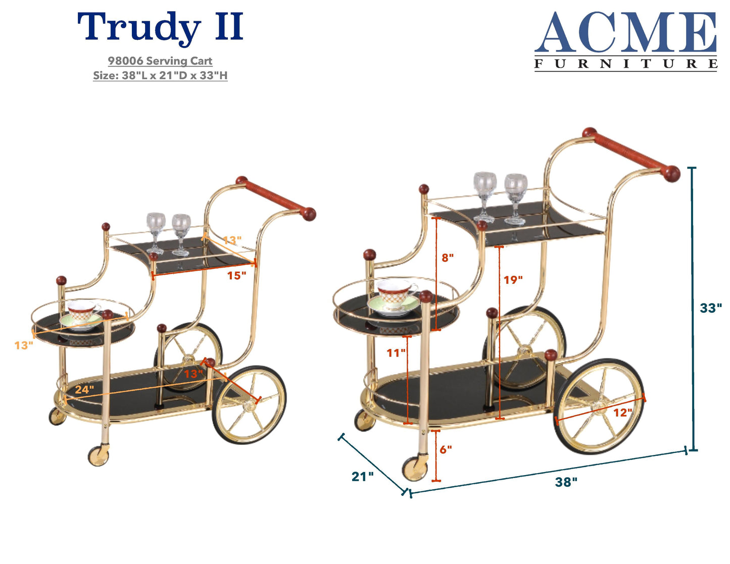 Lacy Serving Cart, Gold Plated, Cherry Wood & Black Glass 98006