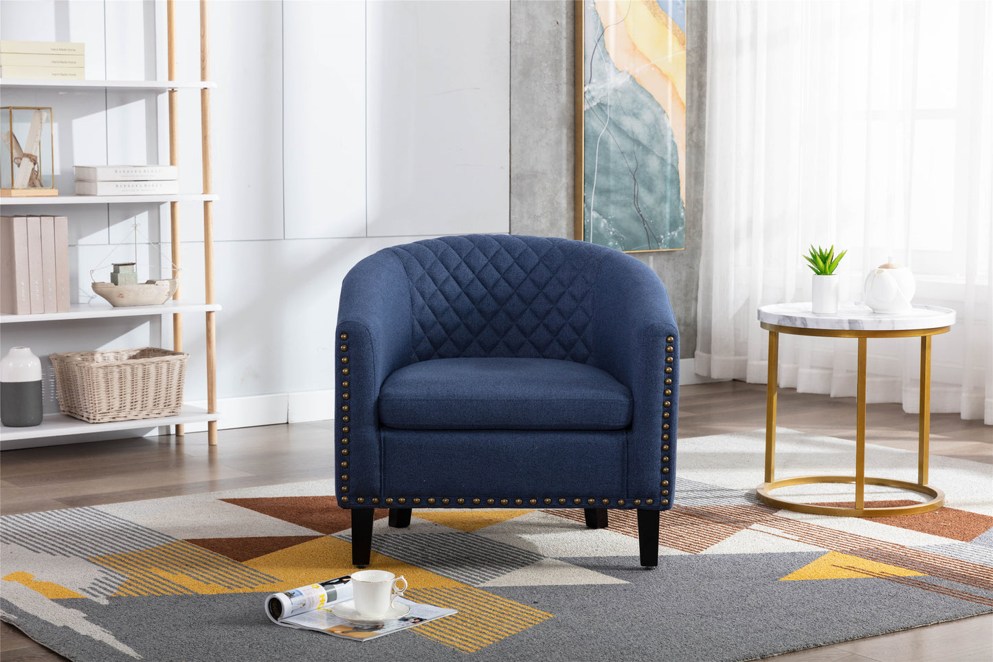 accent Barrel chair living room chair with nailheads and solid wood legs Black Navy Linen