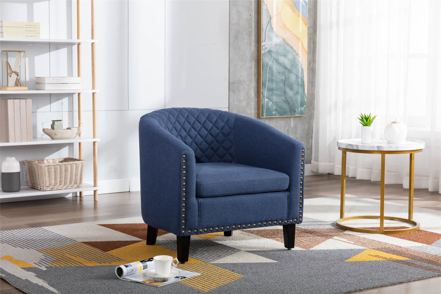 accent Barrel chair living room chair with nailheads and solid wood legs Black Navy Linen