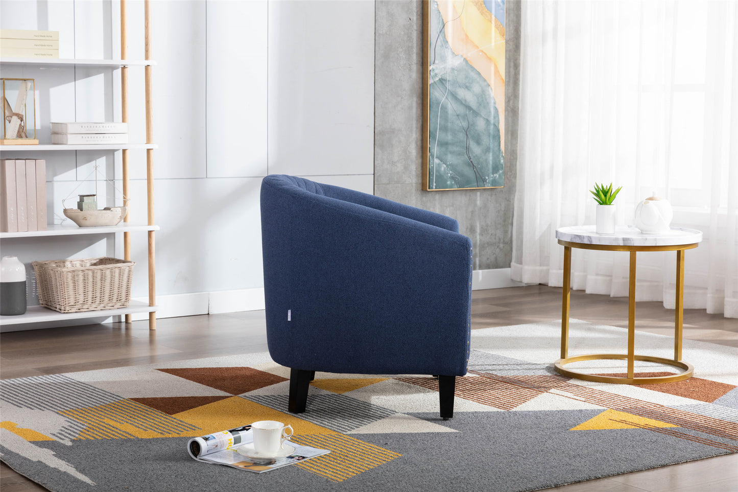 accent Barrel chair living room chair with nailheads and solid wood legs Black Navy Linen