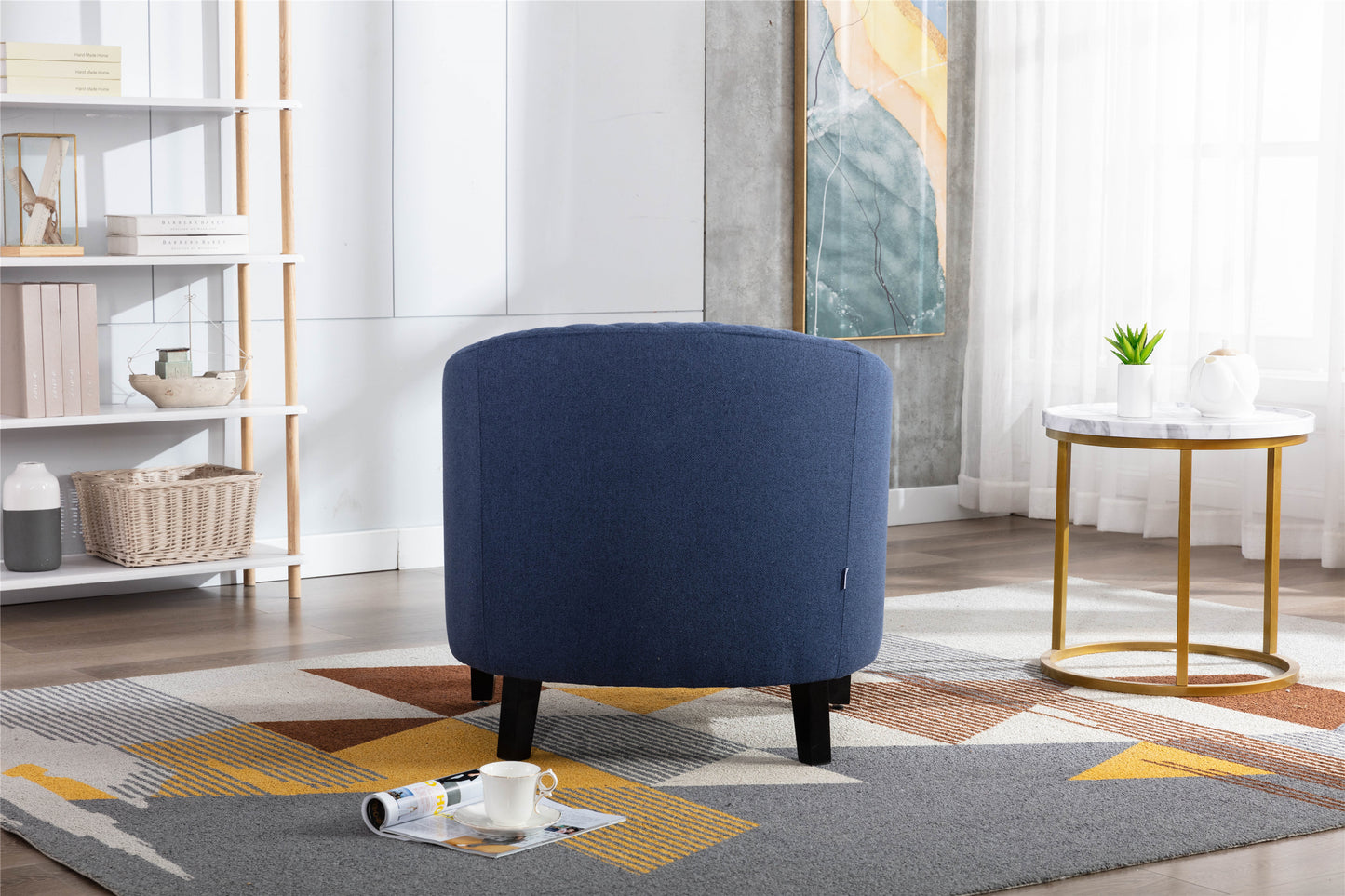 accent Barrel chair living room chair with nailheads and solid wood legs Black Navy Linen