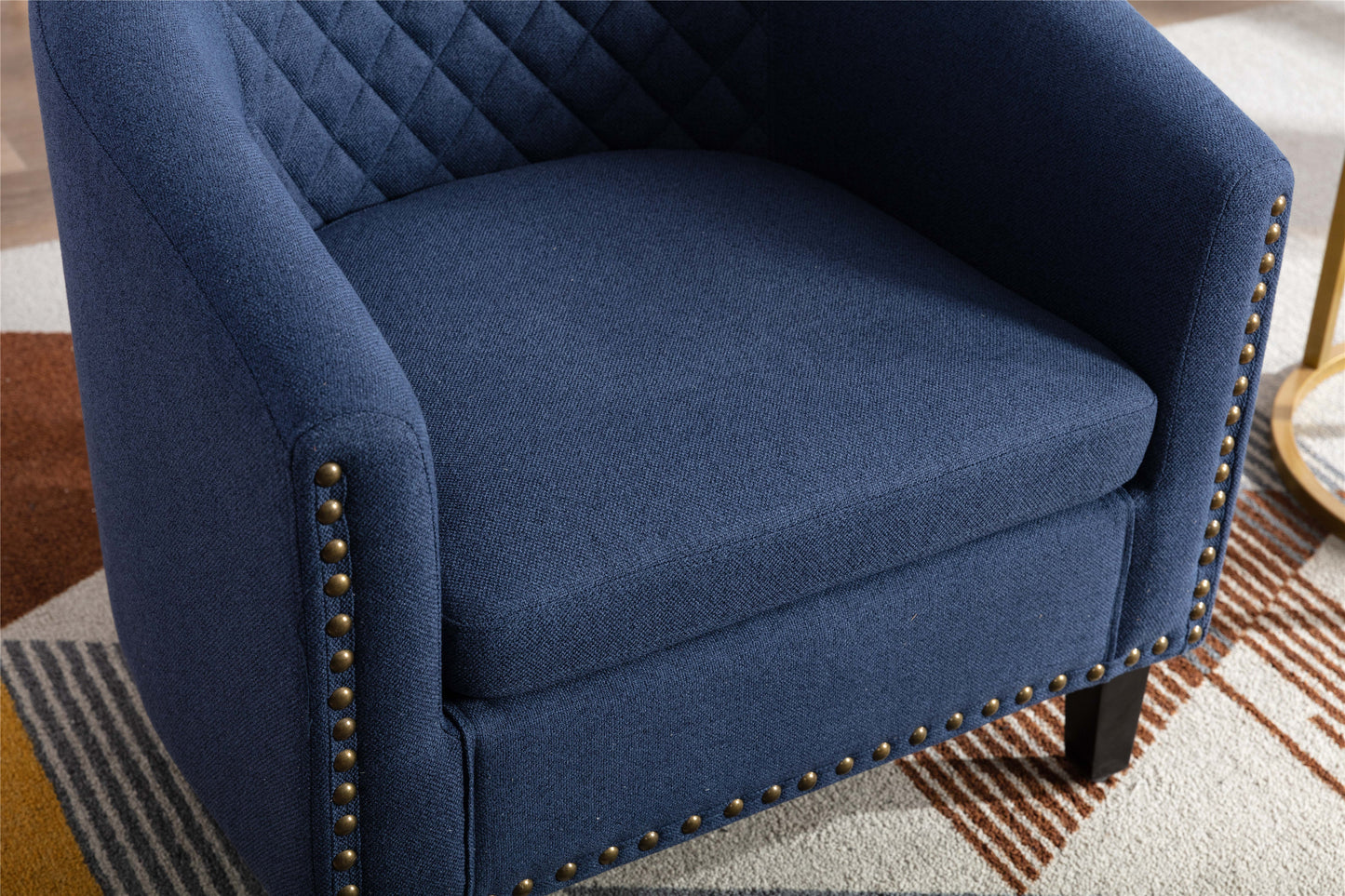 accent Barrel chair living room chair with nailheads and solid wood legs Black Navy Linen