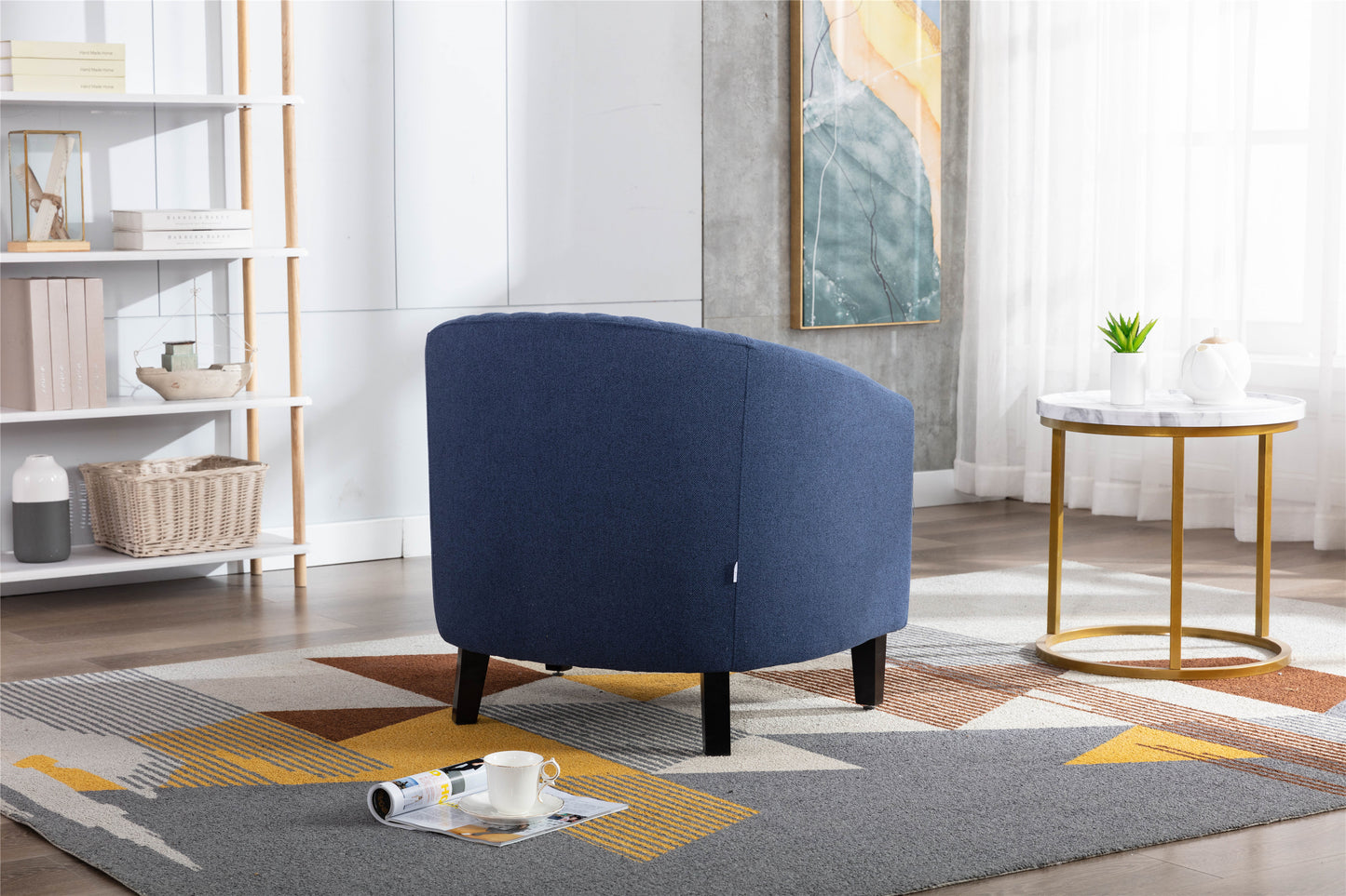 accent Barrel chair living room chair with nailheads and solid wood legs Black Navy Linen