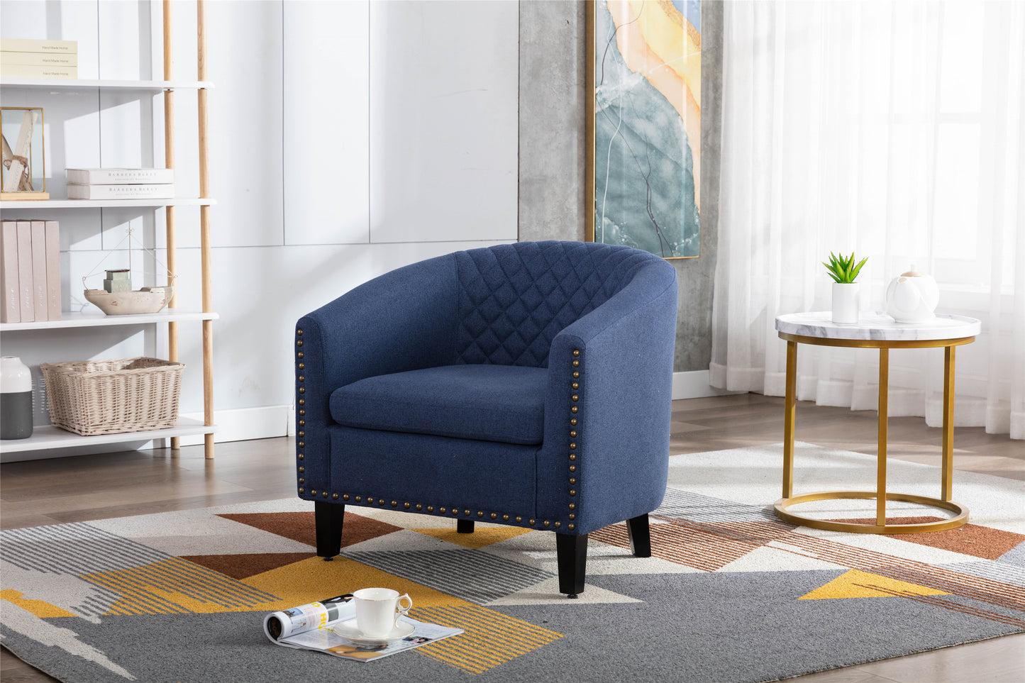 accent Barrel chair living room chair with nailheads and solid wood legs Black Navy Linen