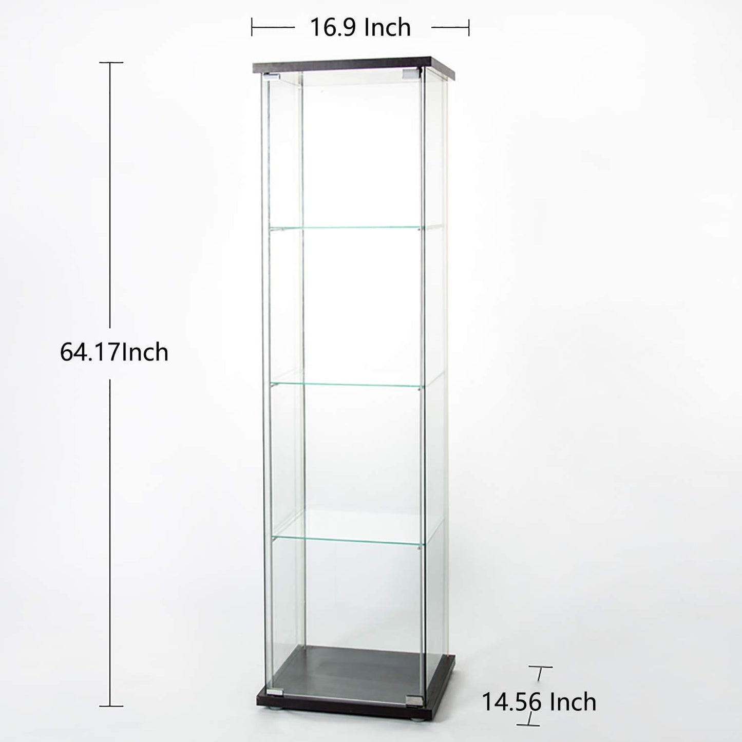 Glass Cabinet-b Glass Display Cabinet 4 Shelves with Door, Floor Standing Curio Bookshelf for Living Room Bedroom Office, 64” x 17”x 14.5”, Black