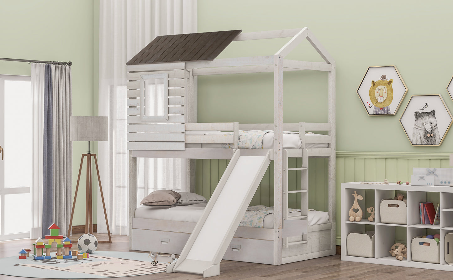 Twin Over Twin Bunk Bed with Two Storage Drawers and Slide, House-Shaped Wood Bunk Bed for Kids Teens, Antique White