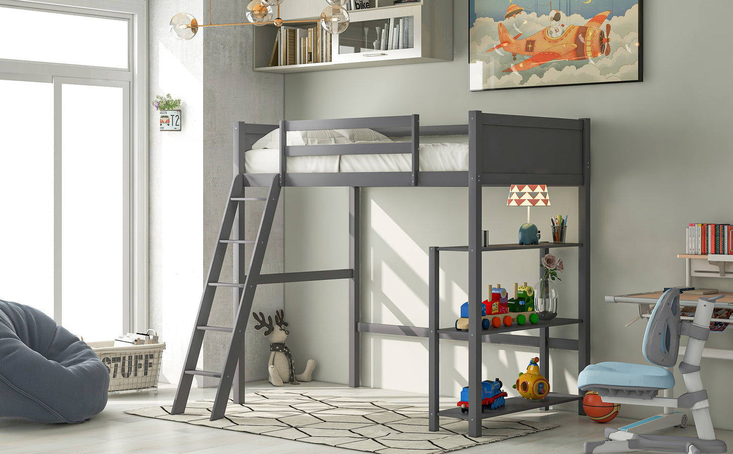 Twin size Loft Bed with Storage Shelves and Ladder-Gray