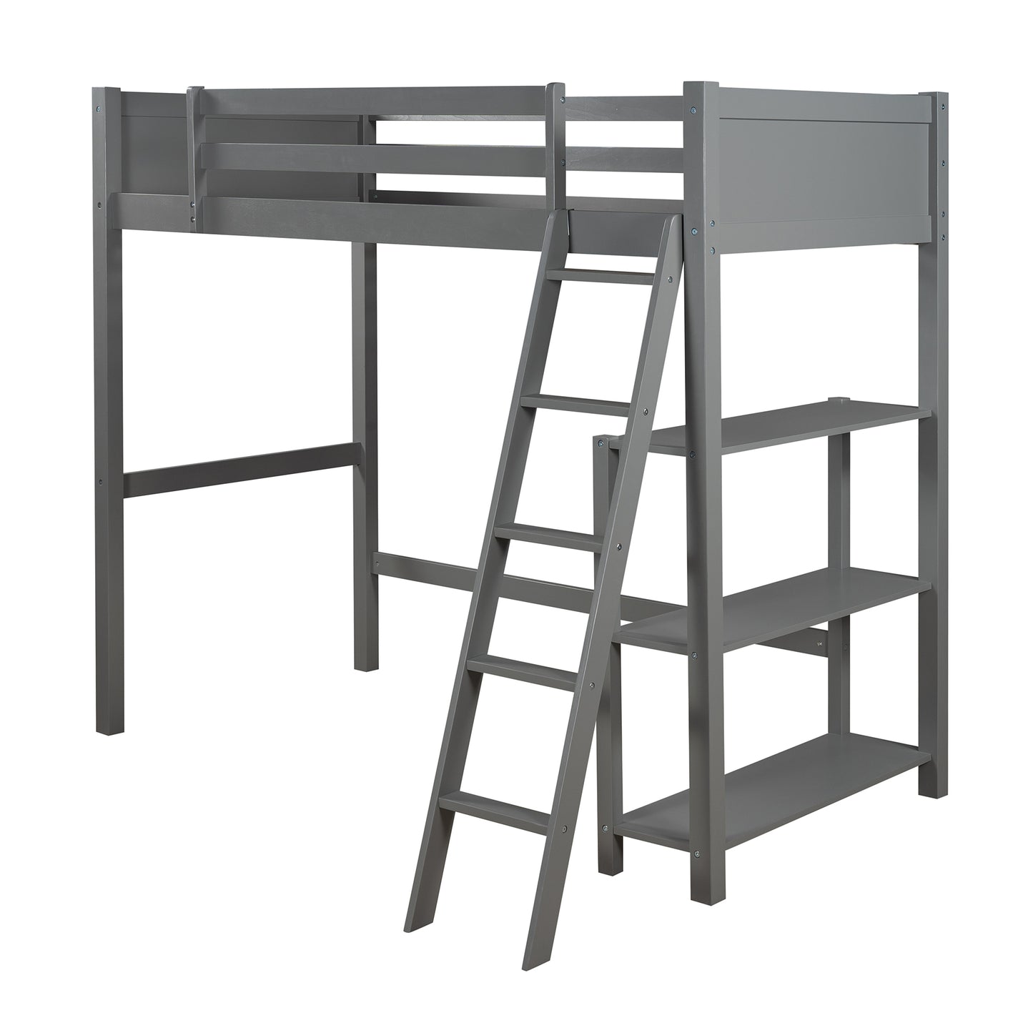 Twin size Loft Bed with Storage Shelves and Ladder-Gray