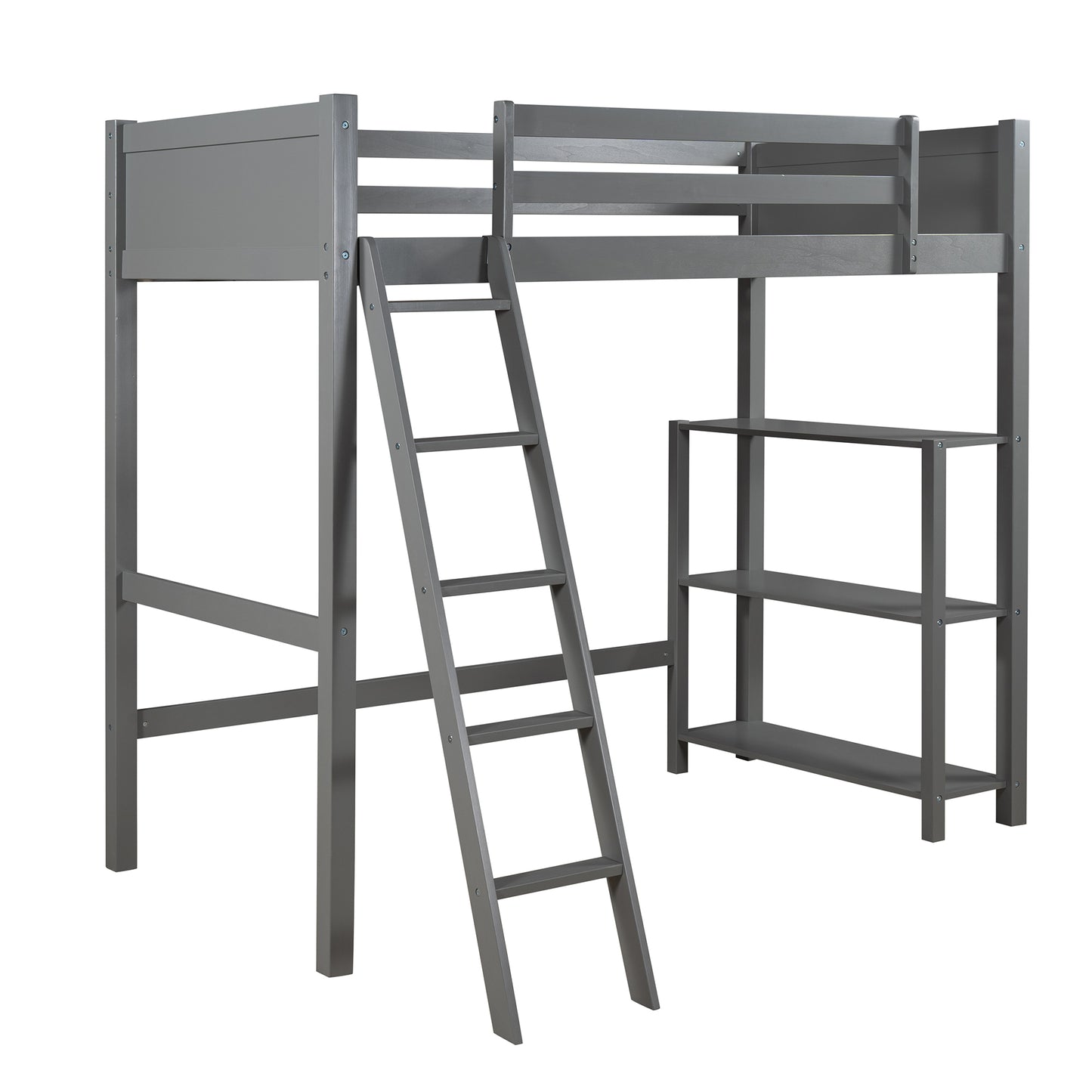 Twin size Loft Bed with Storage Shelves and Ladder-Gray