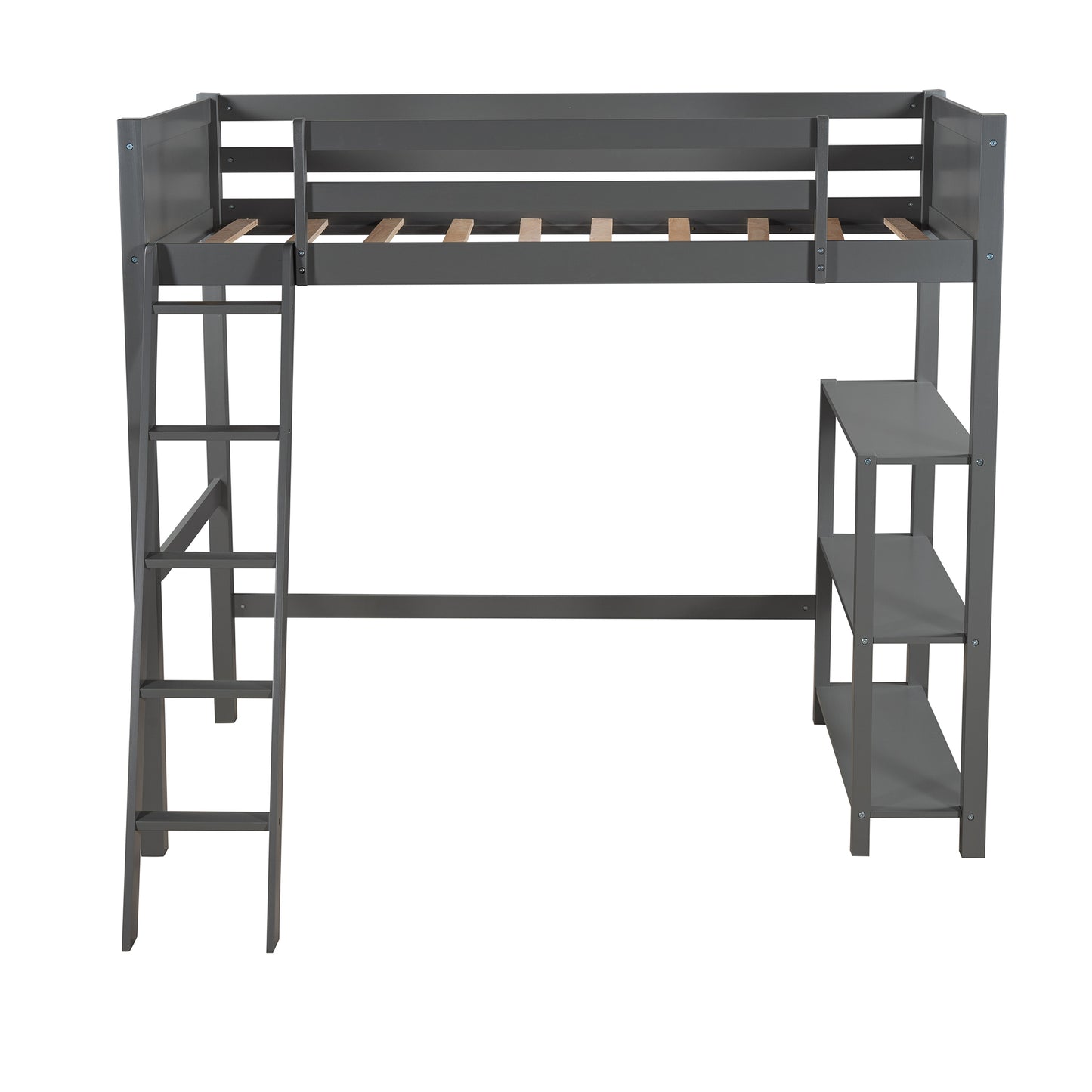 Twin size Loft Bed with Storage Shelves and Ladder-Gray