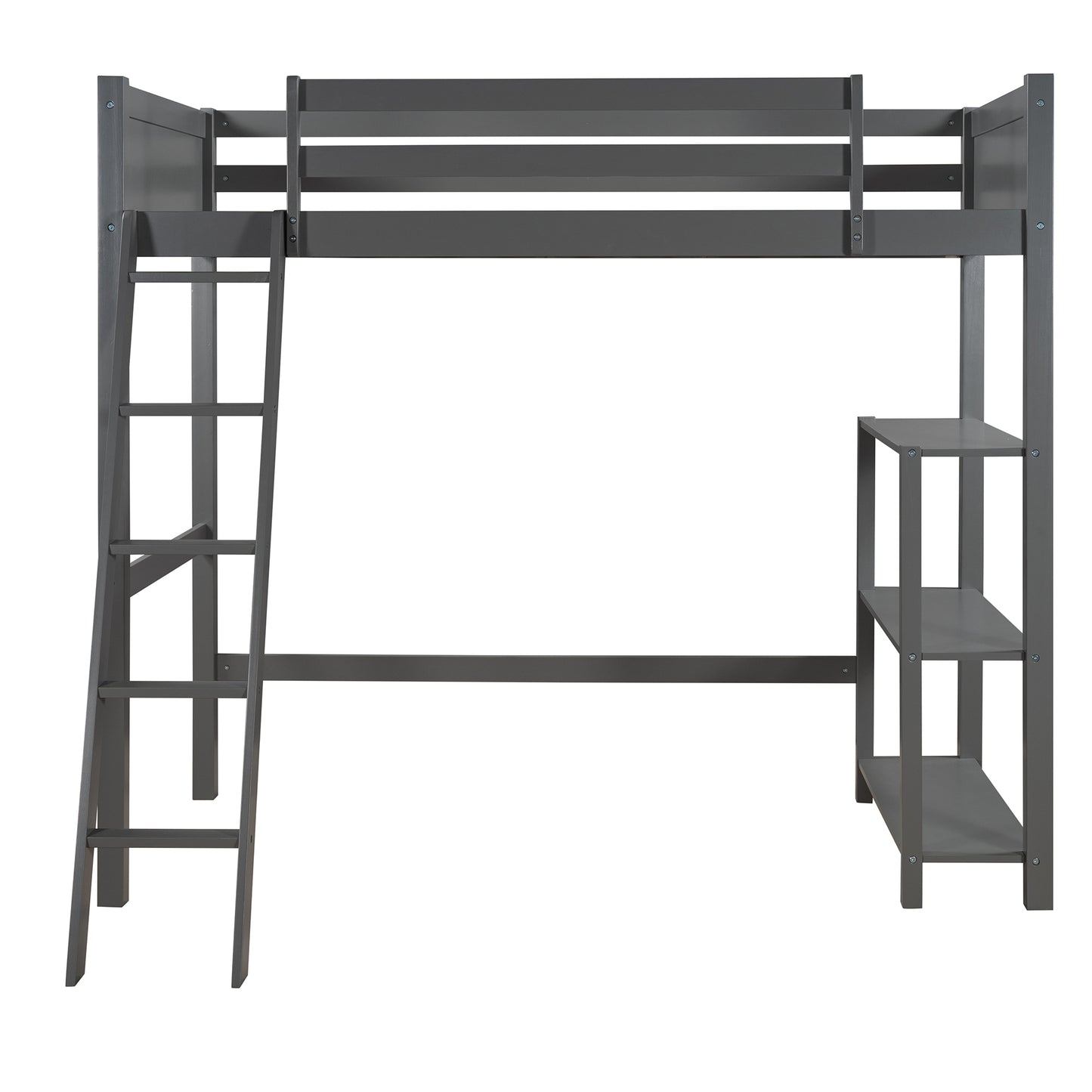 Twin size Loft Bed with Storage Shelves and Ladder-Gray