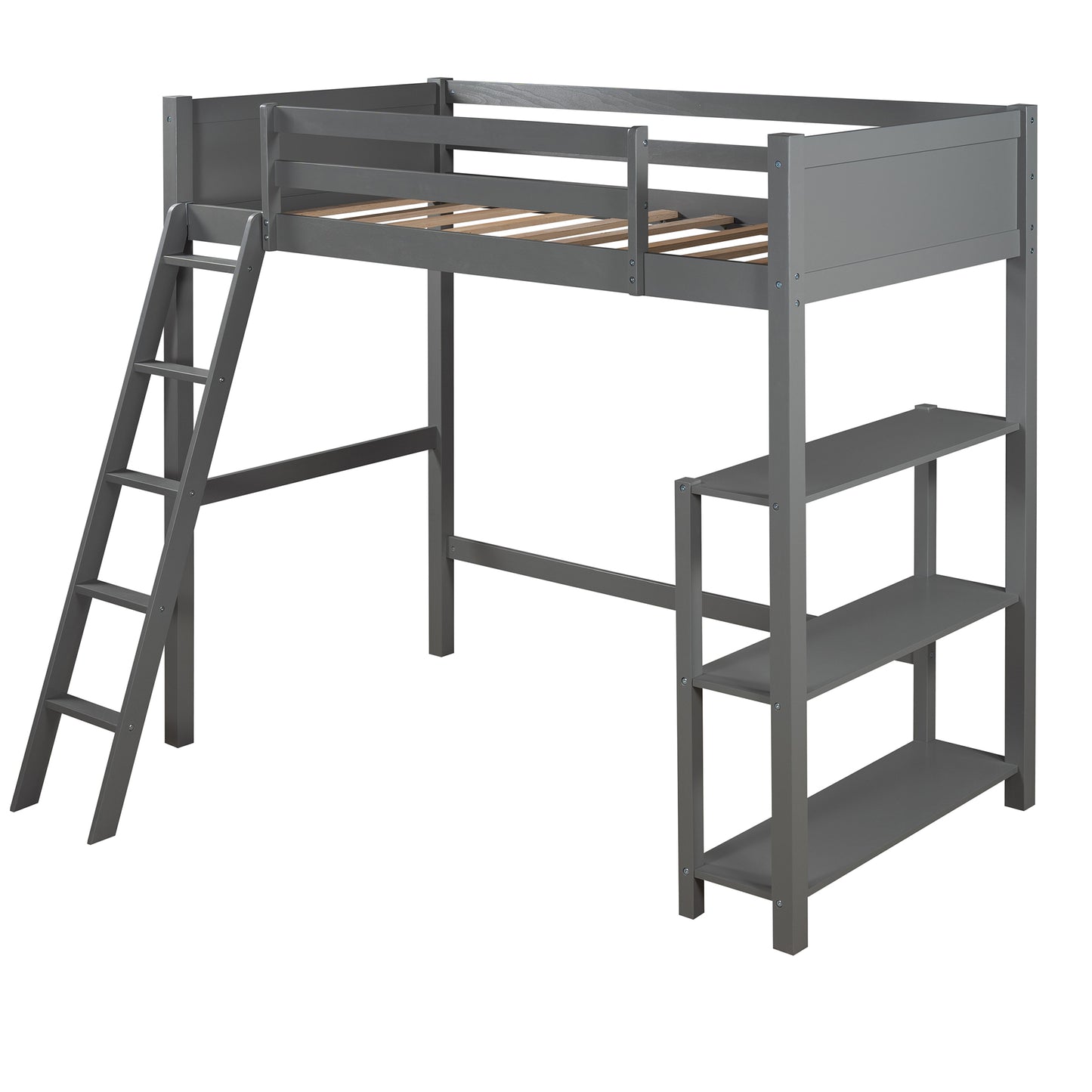 Twin size Loft Bed with Storage Shelves and Ladder-Gray