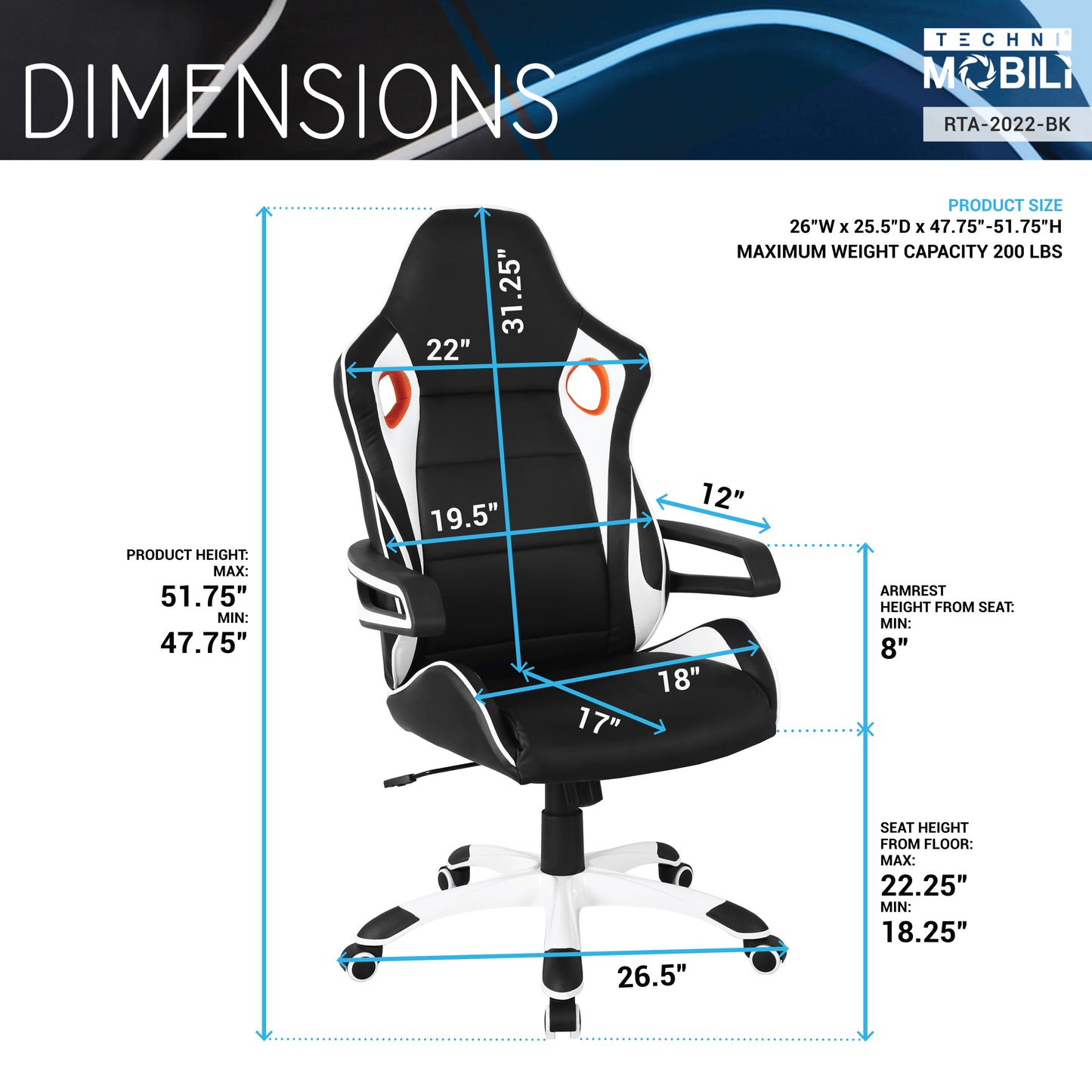Techni Mobili Racing Style Home Office Chair, Black