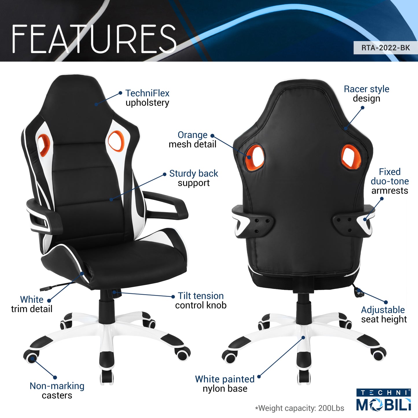 Techni Mobili Racing Style Home Office Chair, Black