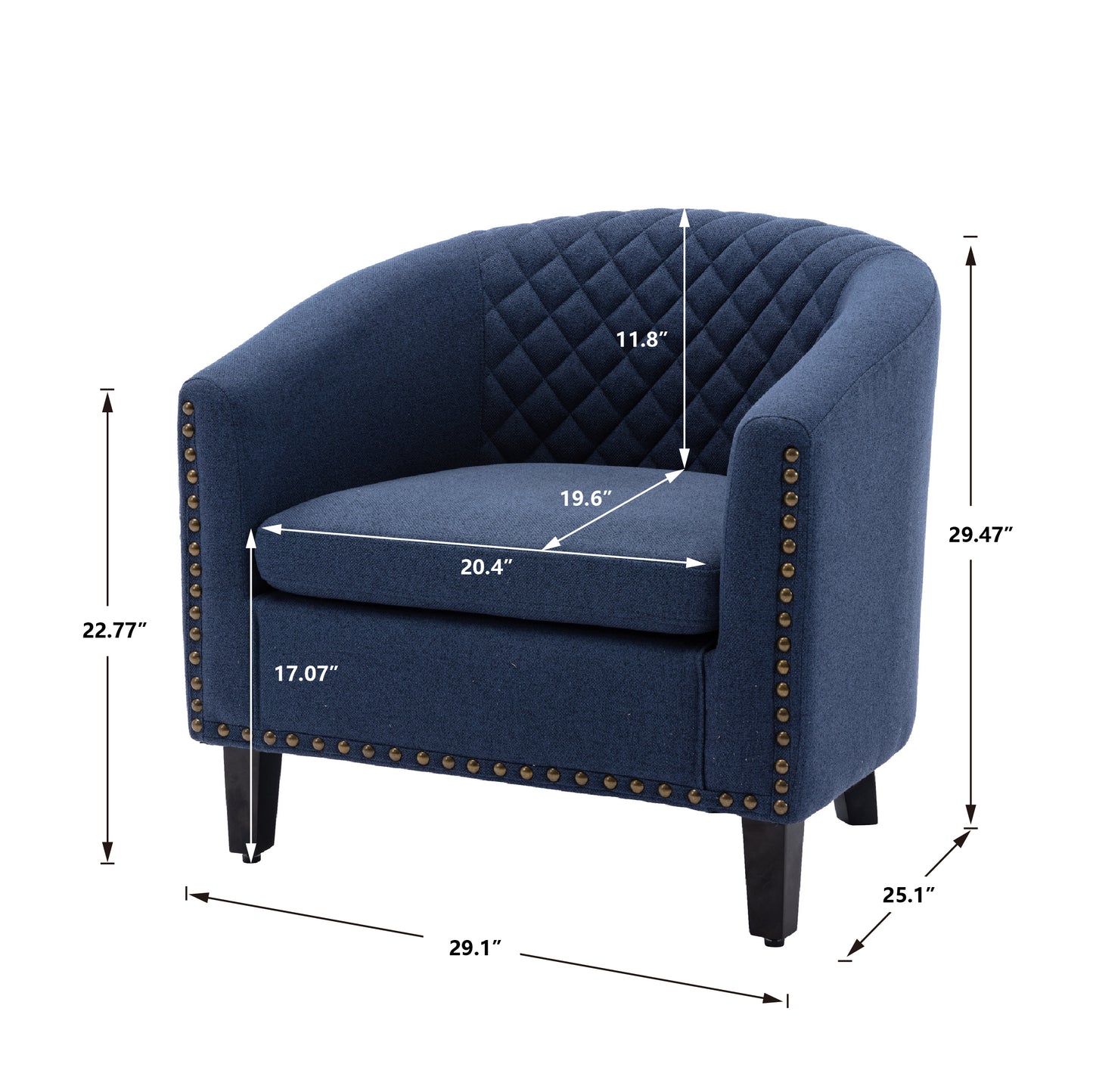 accent Barrel chair living room chair with nailheads and solid wood legs Black Navy Linen