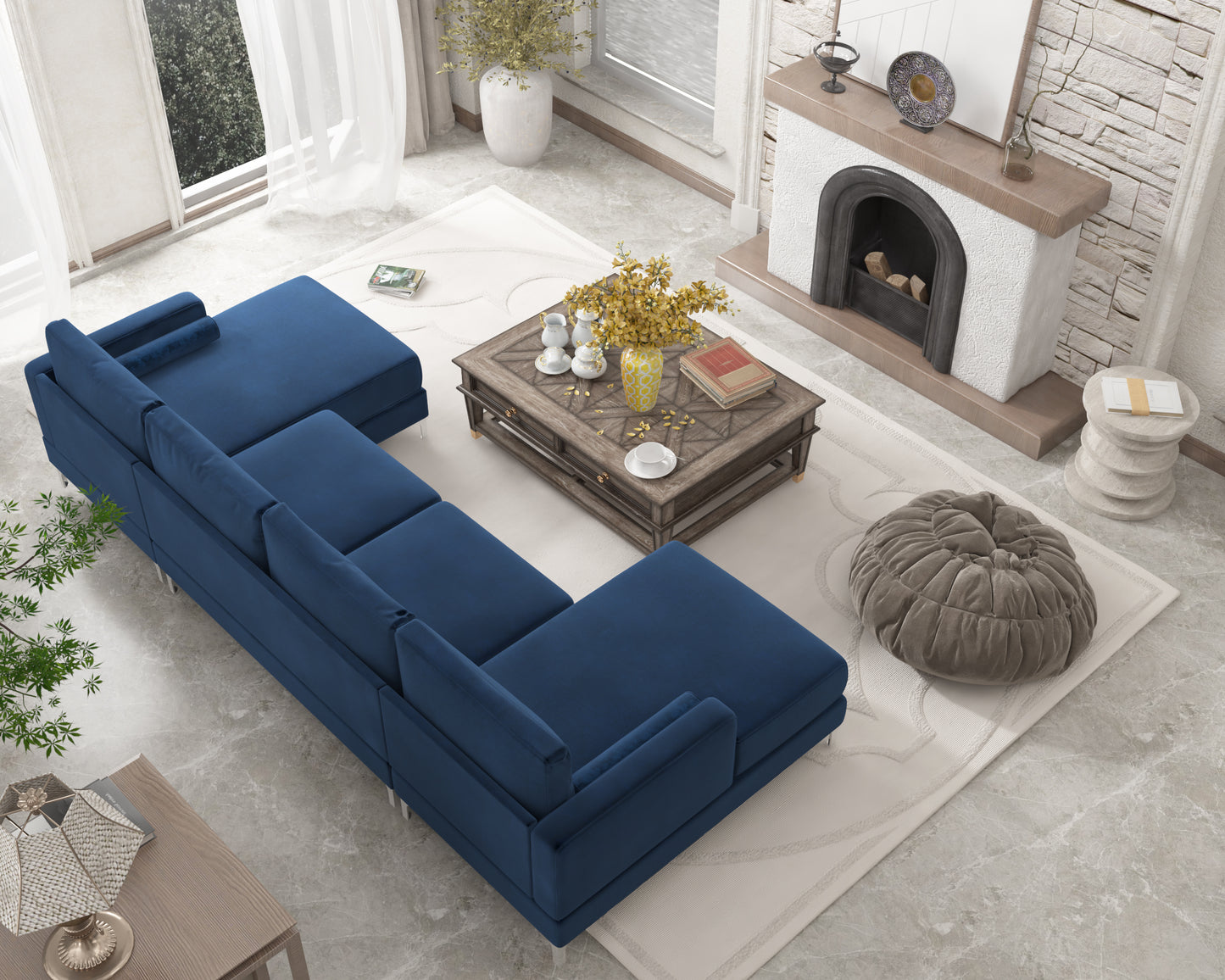 Sectional Sofa with Two Pillows, U-Shape Upholstered Couch with Modern Elegant Velvet for Living Room Apartment