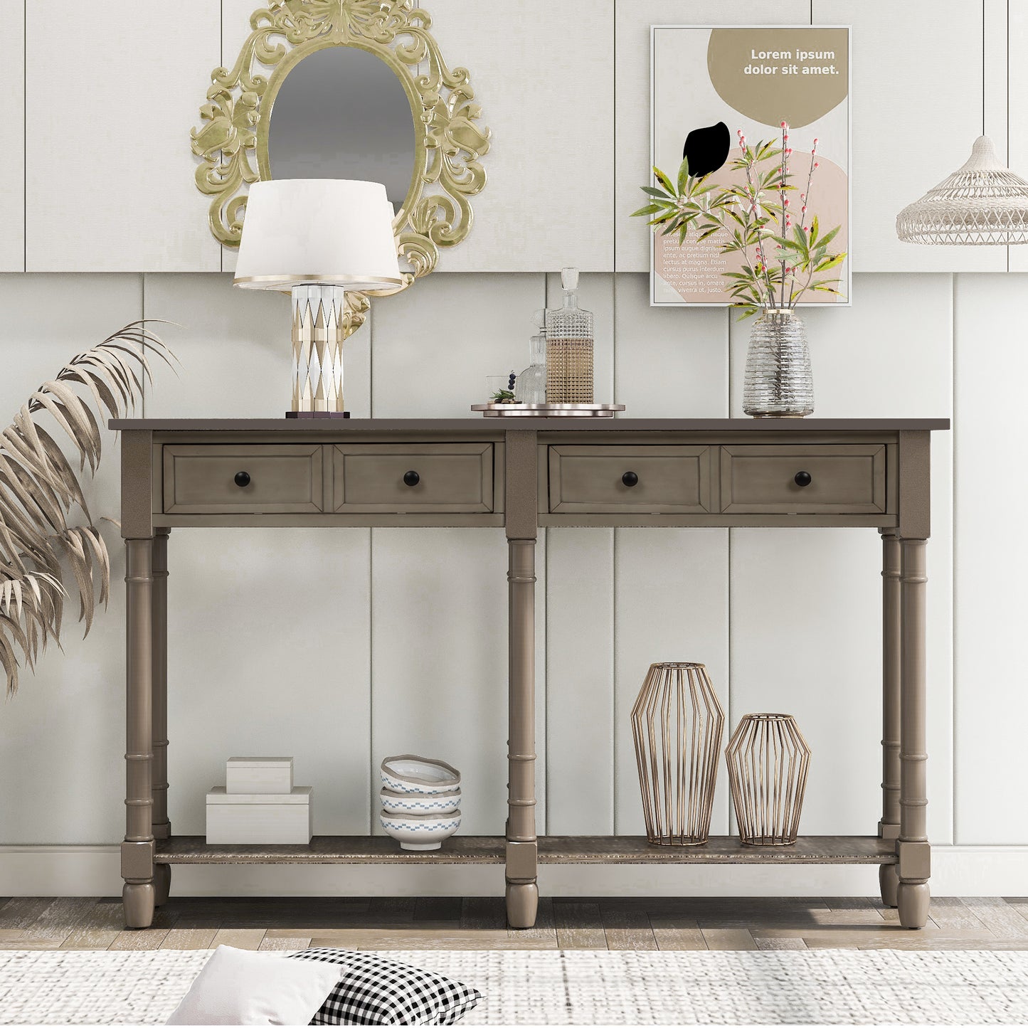 Console Table Sofa Table Easy Assembly with Two Storage Drawers and Bottom Shelf for Living Room, Entryway (Grey Wash)