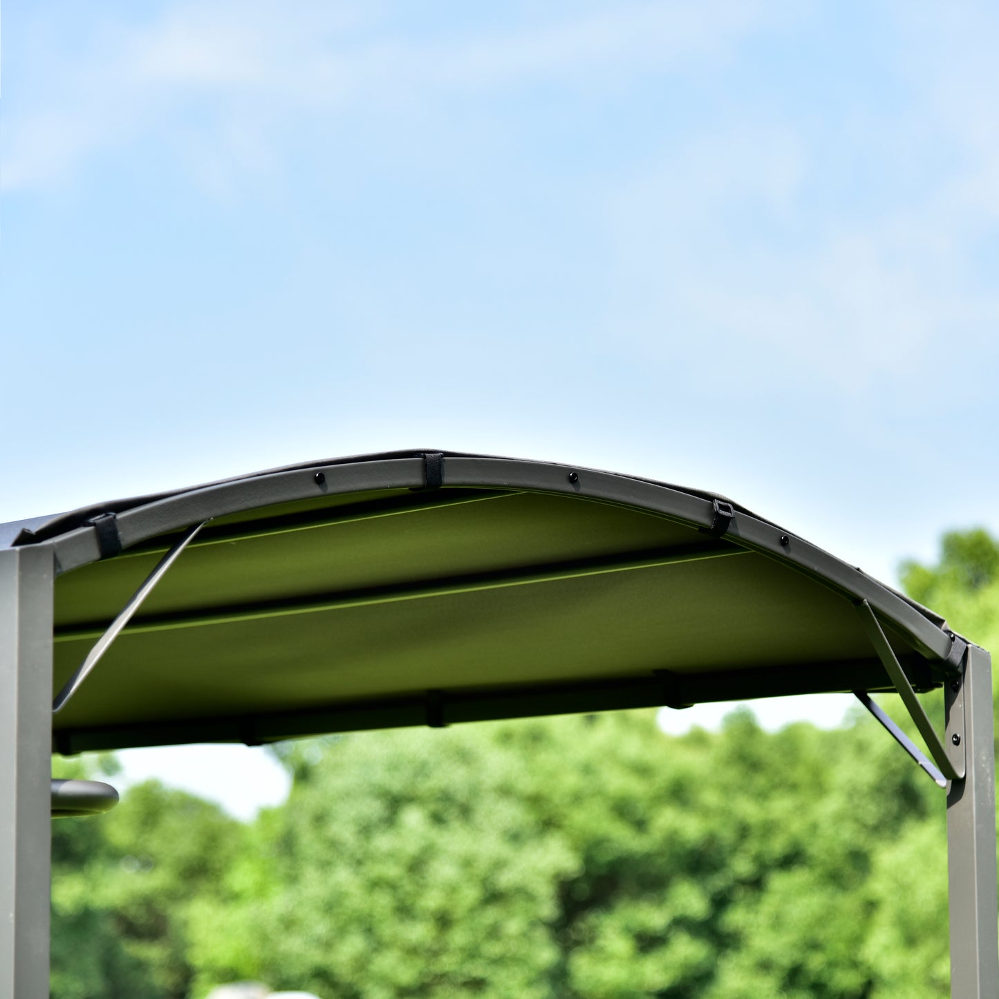 Outdoor 7Ft.Wx6.8Ft.H Steel Double Tiered Backyard Patio BBQ Grill Gazebo with Side Awning, Bar Counters and Hooks, Gray