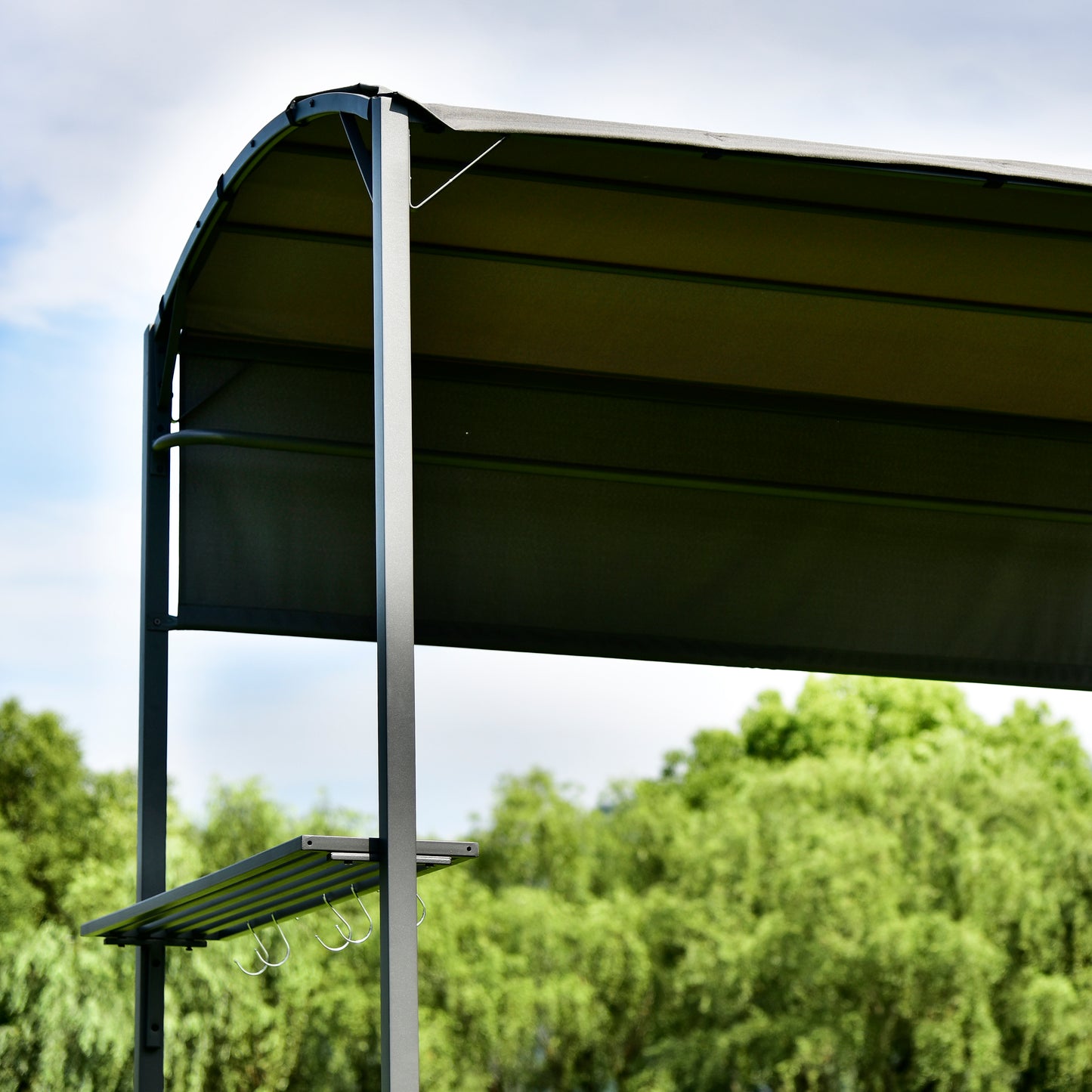 Outdoor 7Ft.Wx6.8Ft.H Steel Double Tiered Backyard Patio BBQ Grill Gazebo with Side Awning, Bar Counters and Hooks, Gray