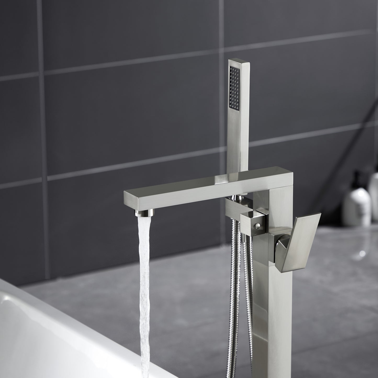 TrustMade Single Handle Floor Mounted Freestanding Tub Filler with Handshower, Brushed Nickel - S01