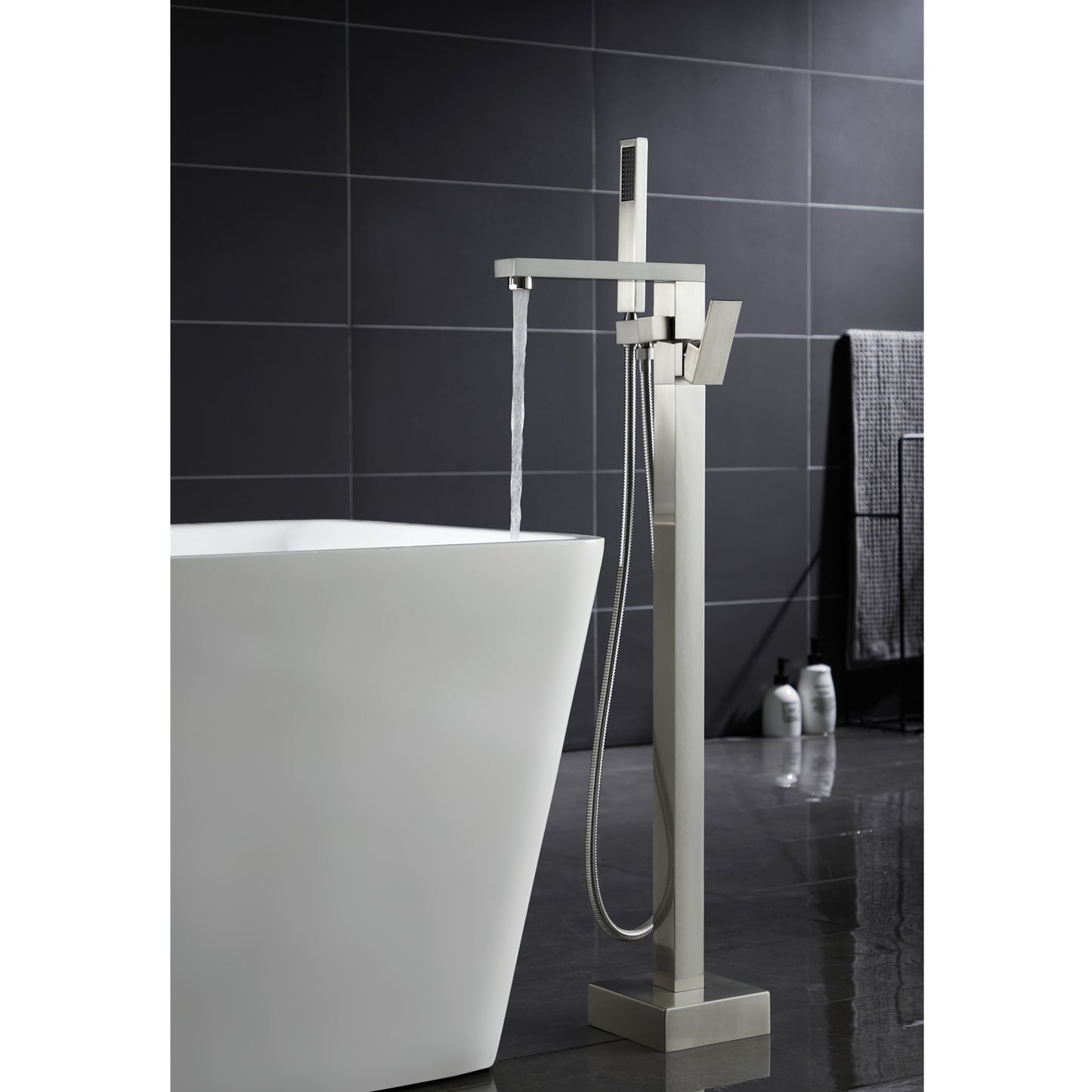 TrustMade Single Handle Floor Mounted Freestanding Tub Filler with Handshower, Brushed Nickel - S01