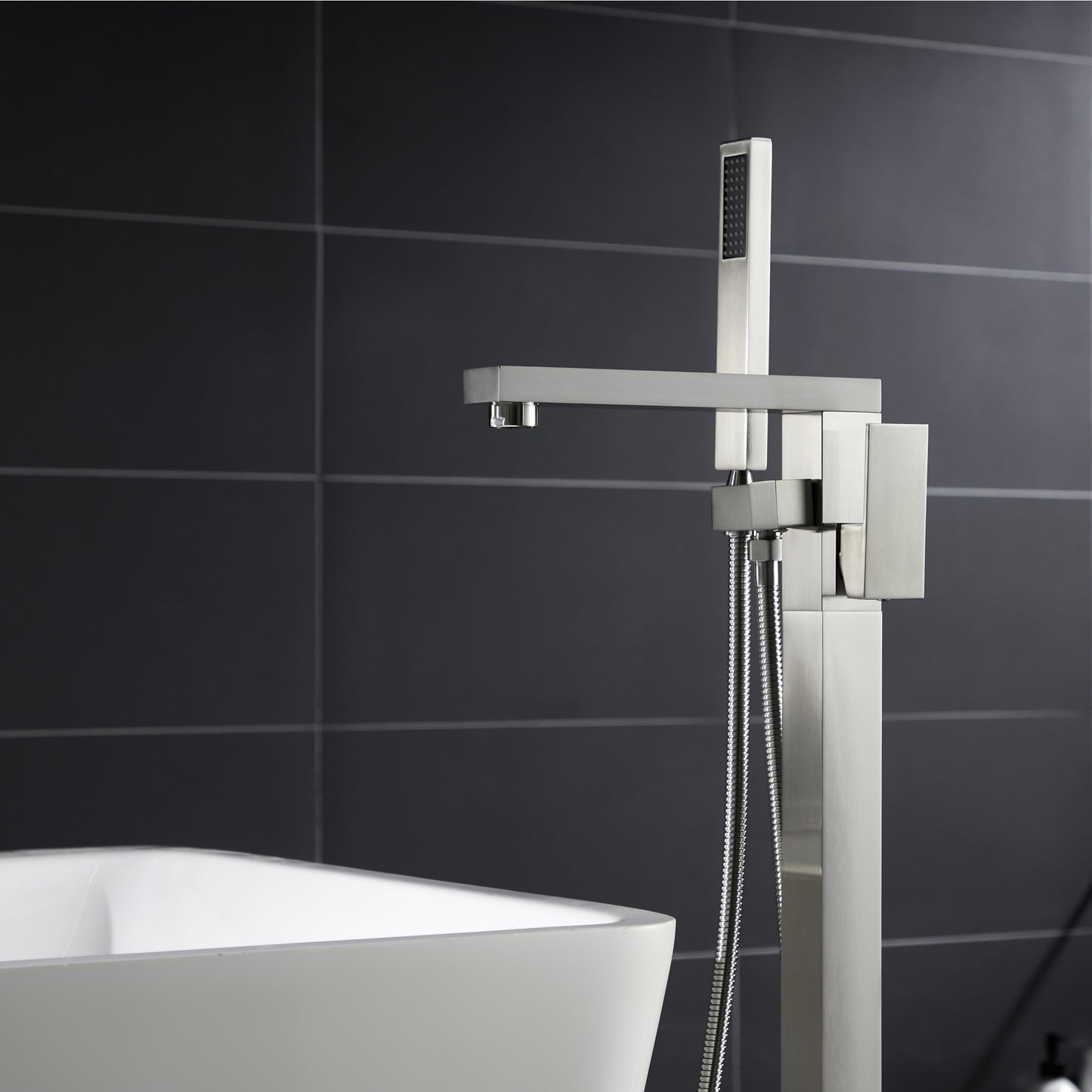 TrustMade Single Handle Floor Mounted Freestanding Tub Filler with Handshower, Brushed Nickel - S01