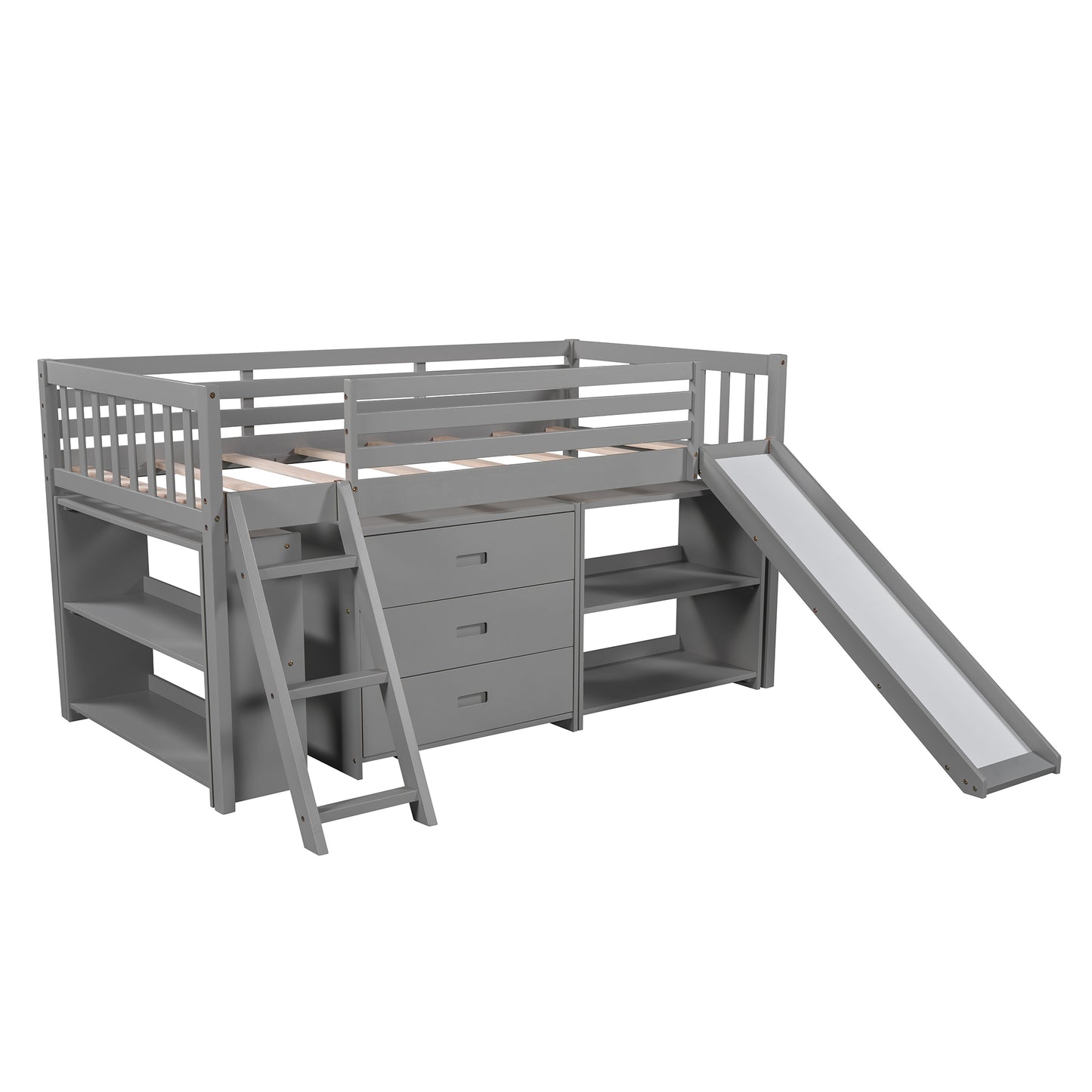 Solid Wood Low Loft Bed with Attached Bookcases and Separate 3-tier Drawers,Convertible Ladder and Slide,Twin,Gray(Expected arrival time 9.15)