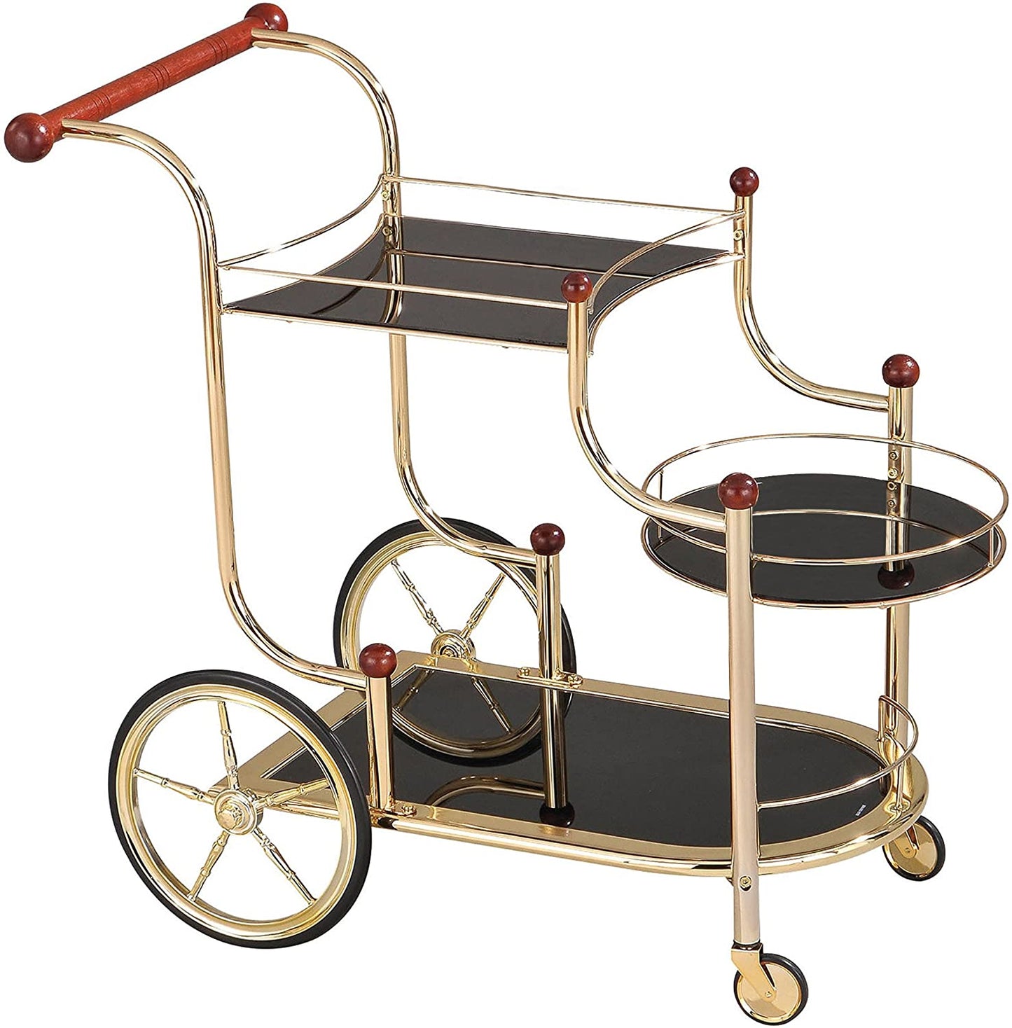Lacy Serving Cart, Gold Plated, Cherry Wood & Black Glass 98006
