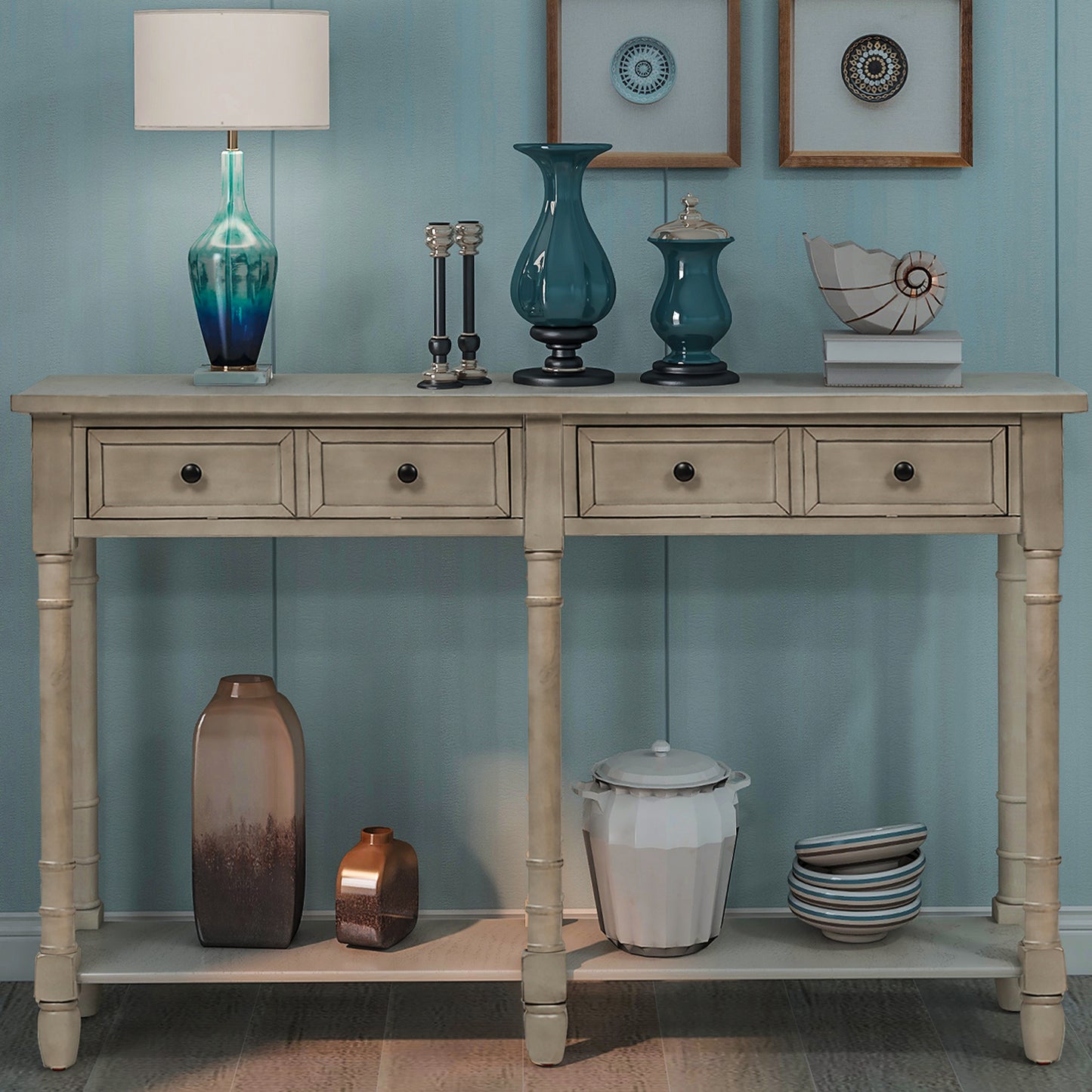 Console Table Sofa Table Easy Assembly with Two Storage Drawers and Bottom Shelf for Living Room, Entryway (Grey Wash)