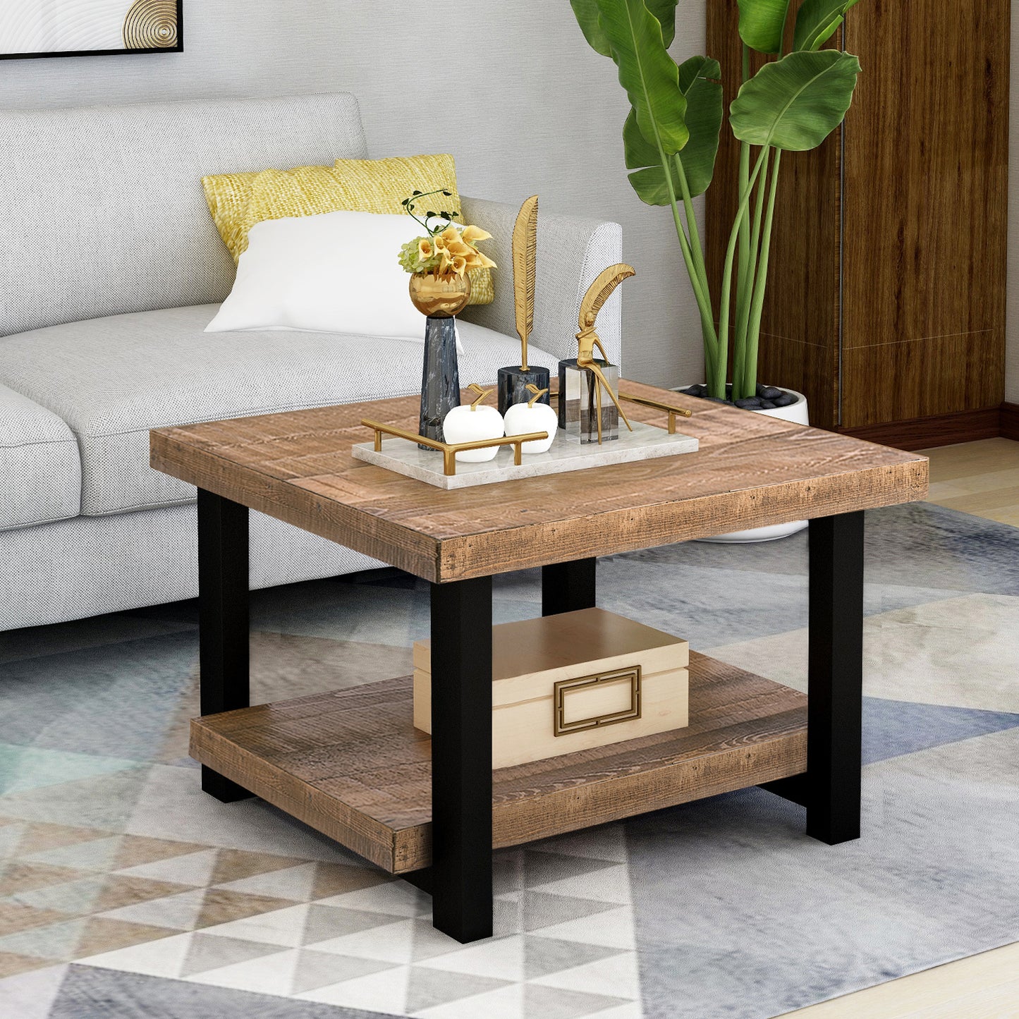Rustic Natural Coffee Table with Storage Shelf for Living Room, Easy Assembly (26&x26&)