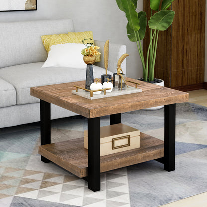 Rustic Natural Coffee Table with Storage Shelf for Living Room, Easy Assembly (26&x26&)