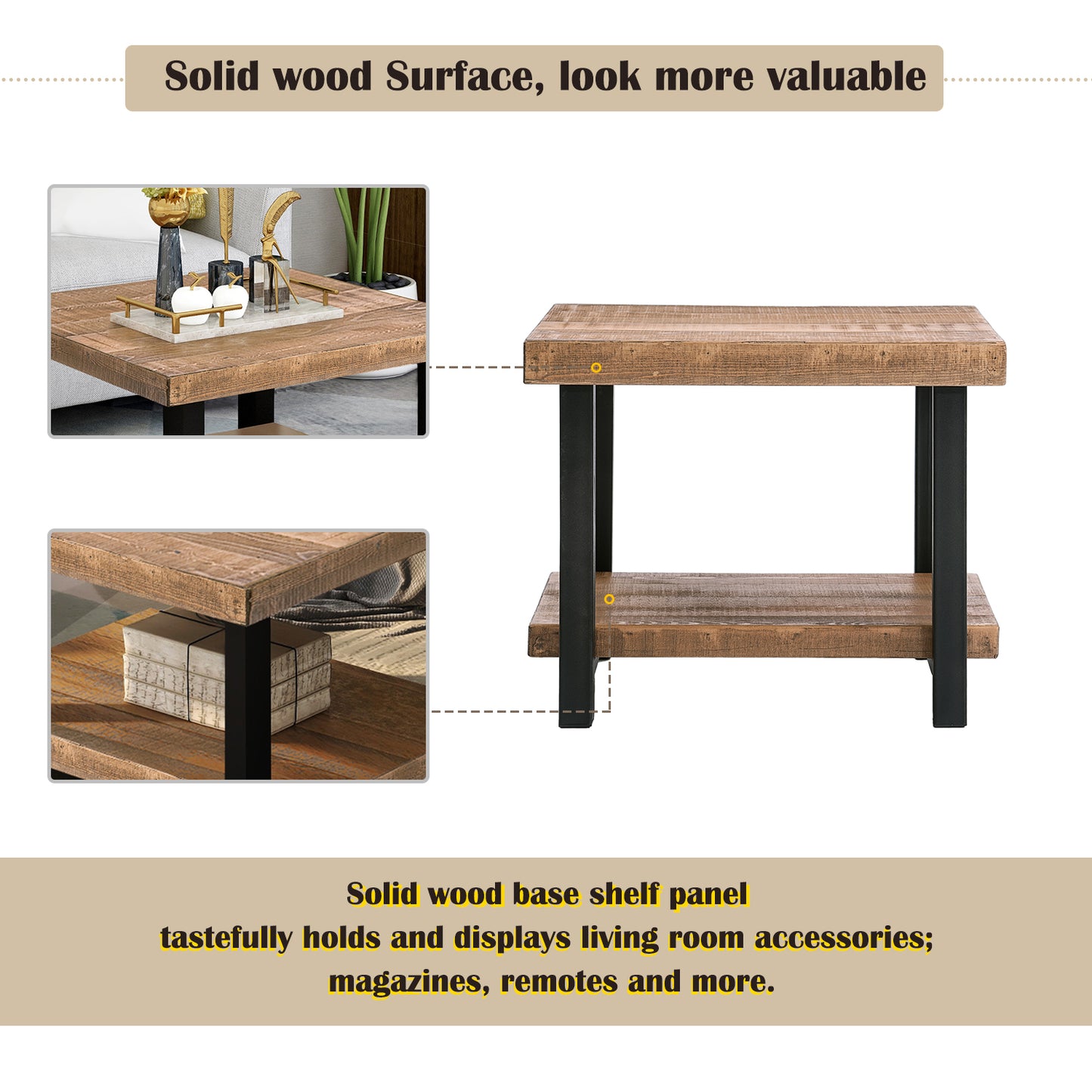 Rustic Natural Coffee Table with Storage Shelf for Living Room, Easy Assembly (26&x26&)