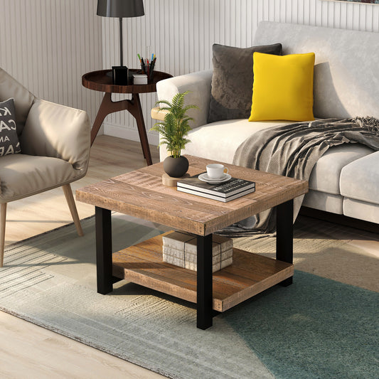 Rustic Natural Coffee Table with Storage Shelf for Living Room, Easy Assembly (26&x26&)