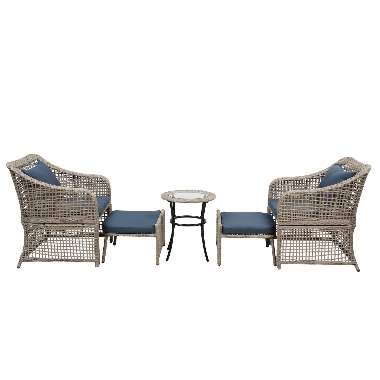 5-piece Outdoor Conversation Set Patio Furniture Set Bistro Set Rattan Wicker Chairs with Stools and Tempered Glass Table