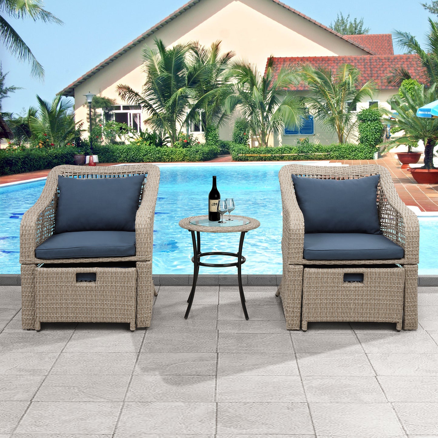 5-piece Outdoor Conversation Set Patio Furniture Set Bistro Set Rattan Wicker Chairs with Stools and Tempered Glass Table