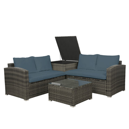 4 PCS Outdoor Cushioned PE Rattan Wicker Sectional Sofa Set Garden Patio Furniture Set (Gray Cushion)