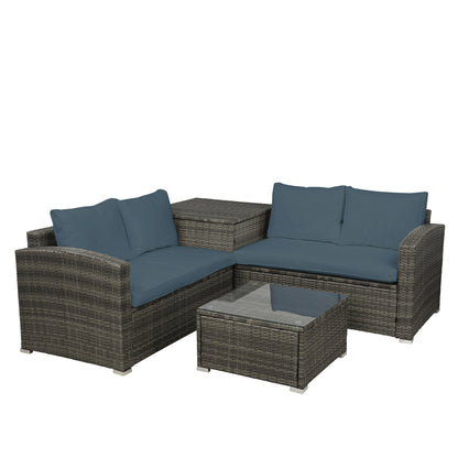 4 PCS Outdoor Cushioned PE Rattan Wicker Sectional Sofa Set Garden Patio Furniture Set (Gray Cushion)