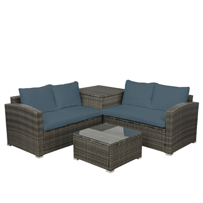 4 PCS Outdoor Cushioned PE Rattan Wicker Sectional Sofa Set Garden Patio Furniture Set (Gray Cushion)