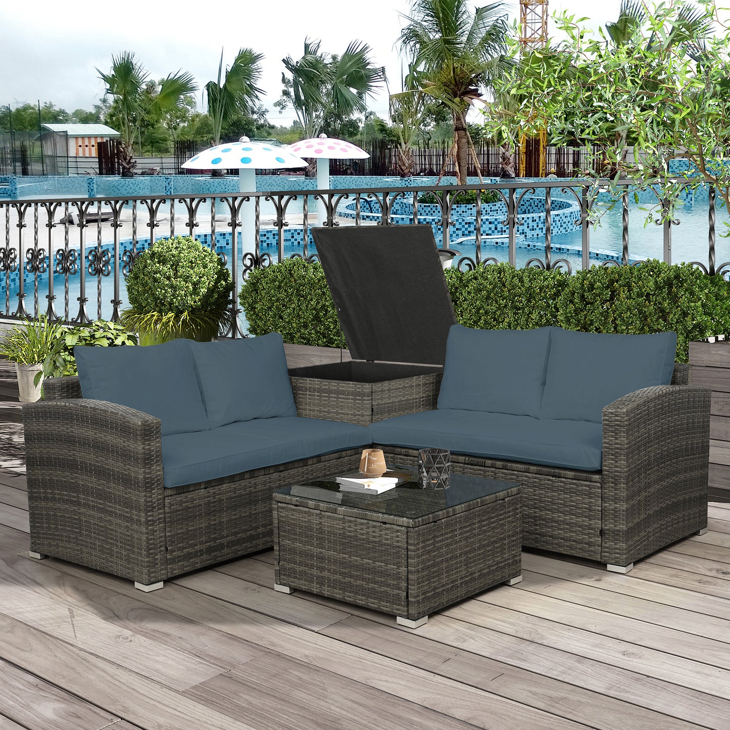 4 PCS Outdoor Cushioned PE Rattan Wicker Sectional Sofa Set Garden Patio Furniture Set (Gray Cushion)