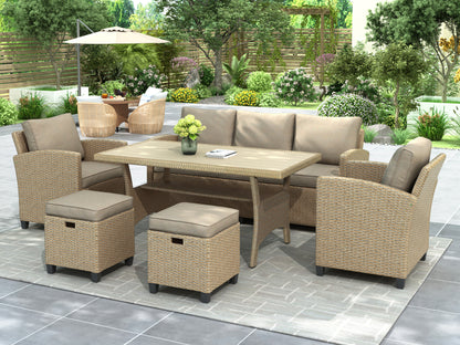 6 Piece Outdoor Rattan Wicker Set Patio Garden Backyard Sofa, Chair, Stools and Table