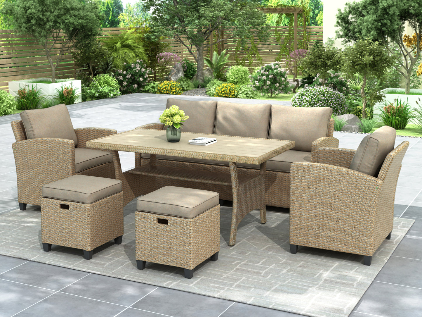 6 Piece Outdoor Rattan Wicker Set Patio Garden Backyard Sofa, Chair, Stools and Table