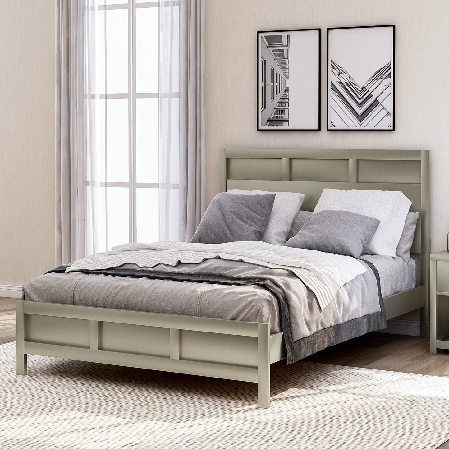 Modern Full Platform Bed in Platinum Silver No Box Spring Needed (Freely Configurable Bedroom Sets)