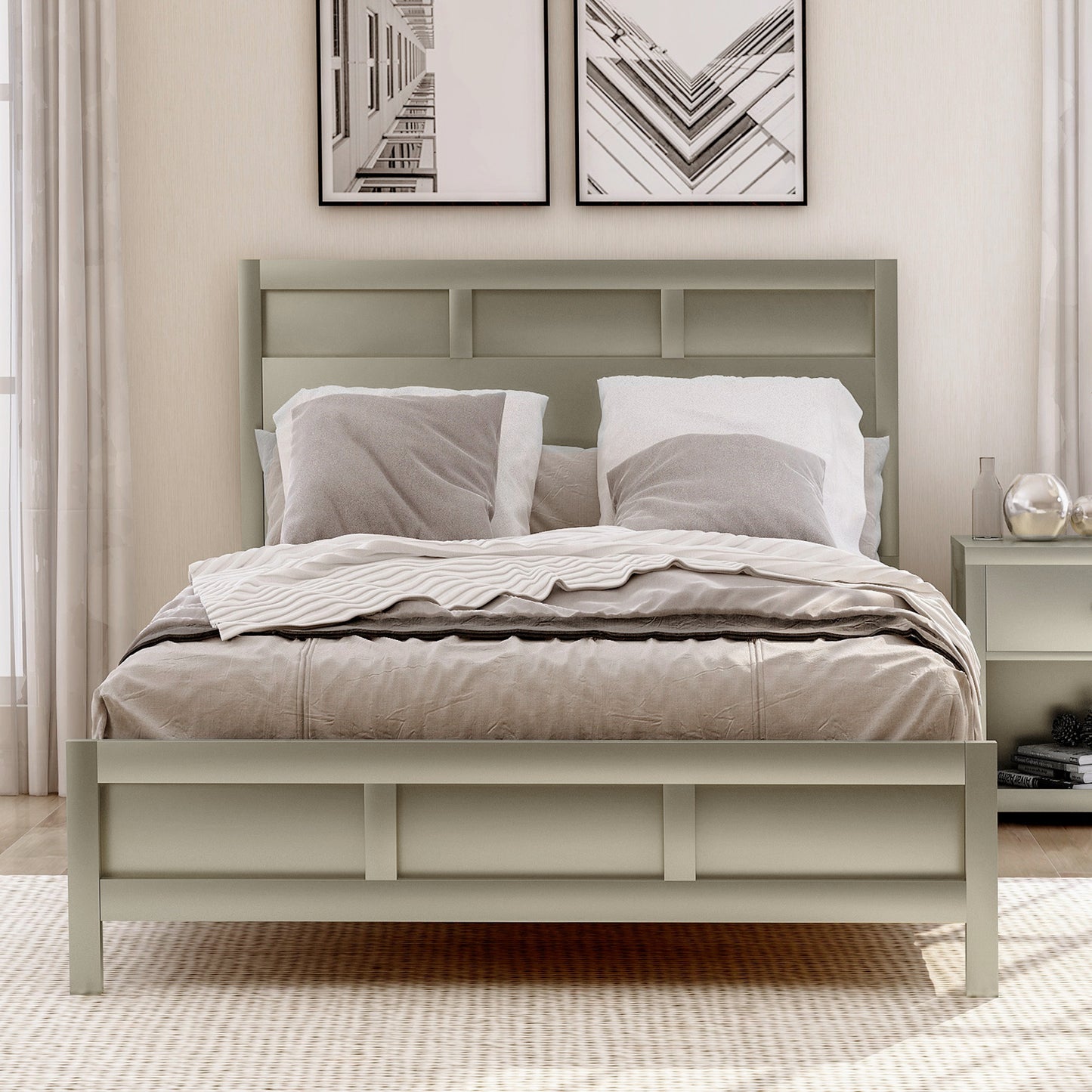Modern Full Platform Bed in Platinum Silver No Box Spring Needed (Freely Configurable Bedroom Sets)