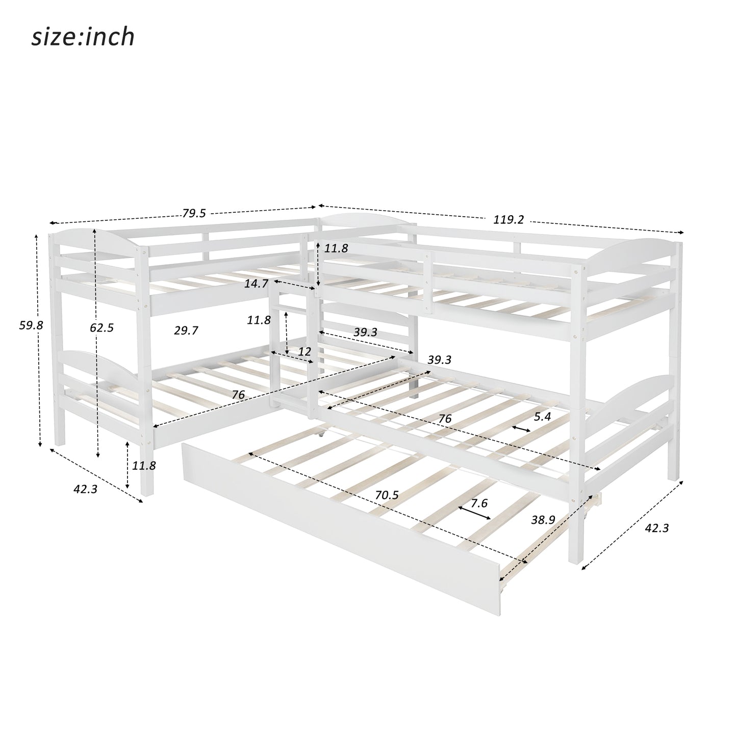 Twin L-Shaped Bunk bed with Trundle-White