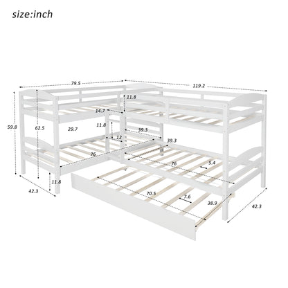 Twin L-Shaped Bunk bed with Trundle-White