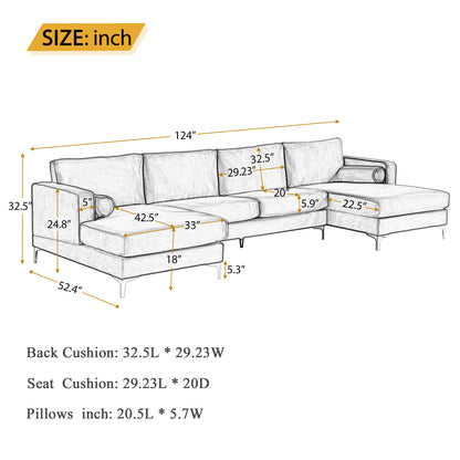 Sectional Sofa with Two Pillows, U-Shape Upholstered Couch with Modern Elegant Velvet for Living Room Apartment